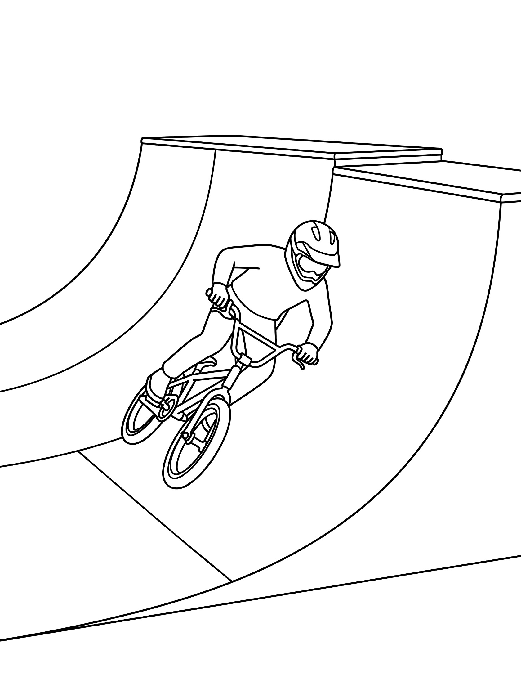 Black and white line drawing of BMX biker leaning on bike through halfpipe curve, gaining speed up the wooden ramp.