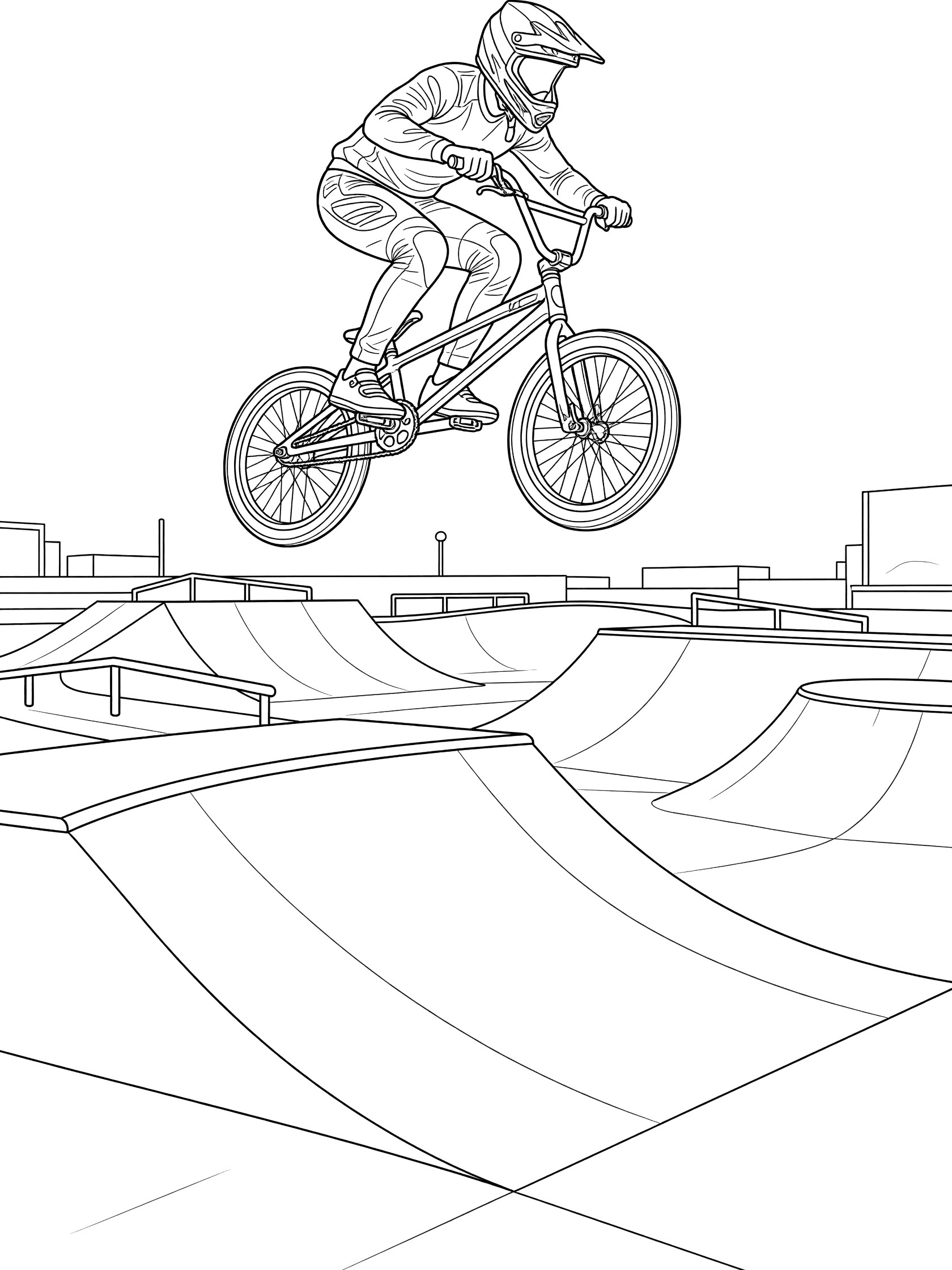 Black and white coloring page showing a BMX rider in helmet and gear soaring airborne over a rounded berm on a concrete pump track with ramps below.