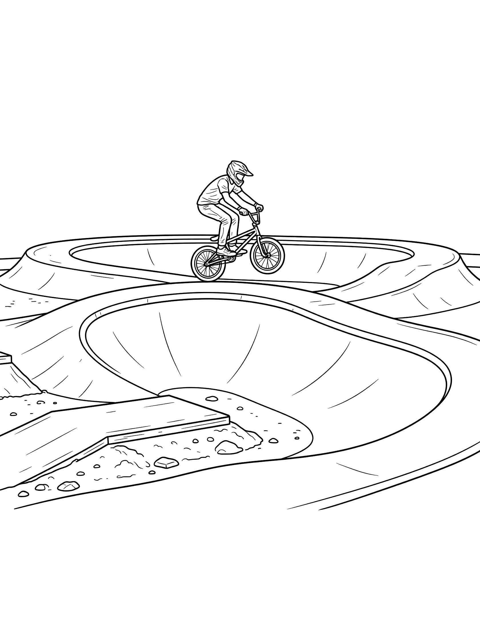 Black-and-white coloring page of a BMX biker in helmet landing a backflip on a pump track with smooth curves and bumps.