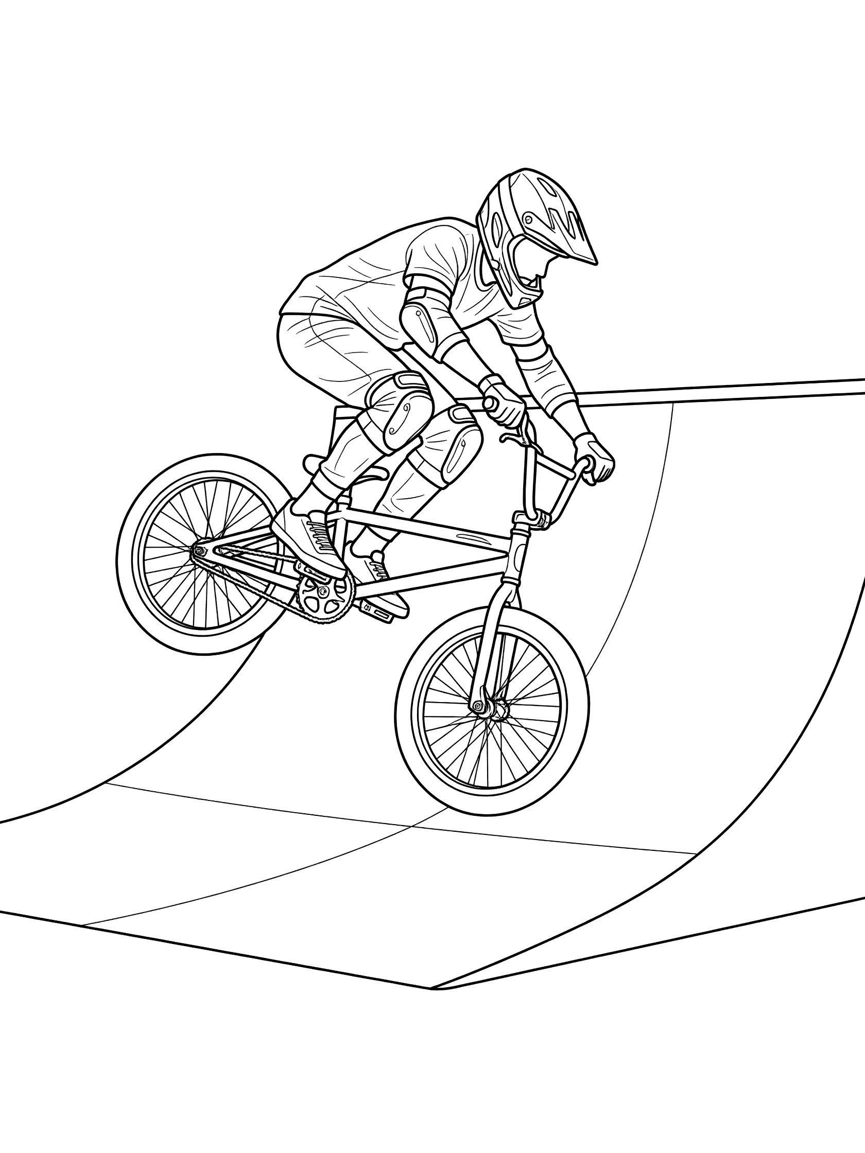 Black and white coloring page of a BMX biker in a helmet and pads landing a tailwhip trick in a halfpipe, bike whipping around rear wheel on flat bottom.