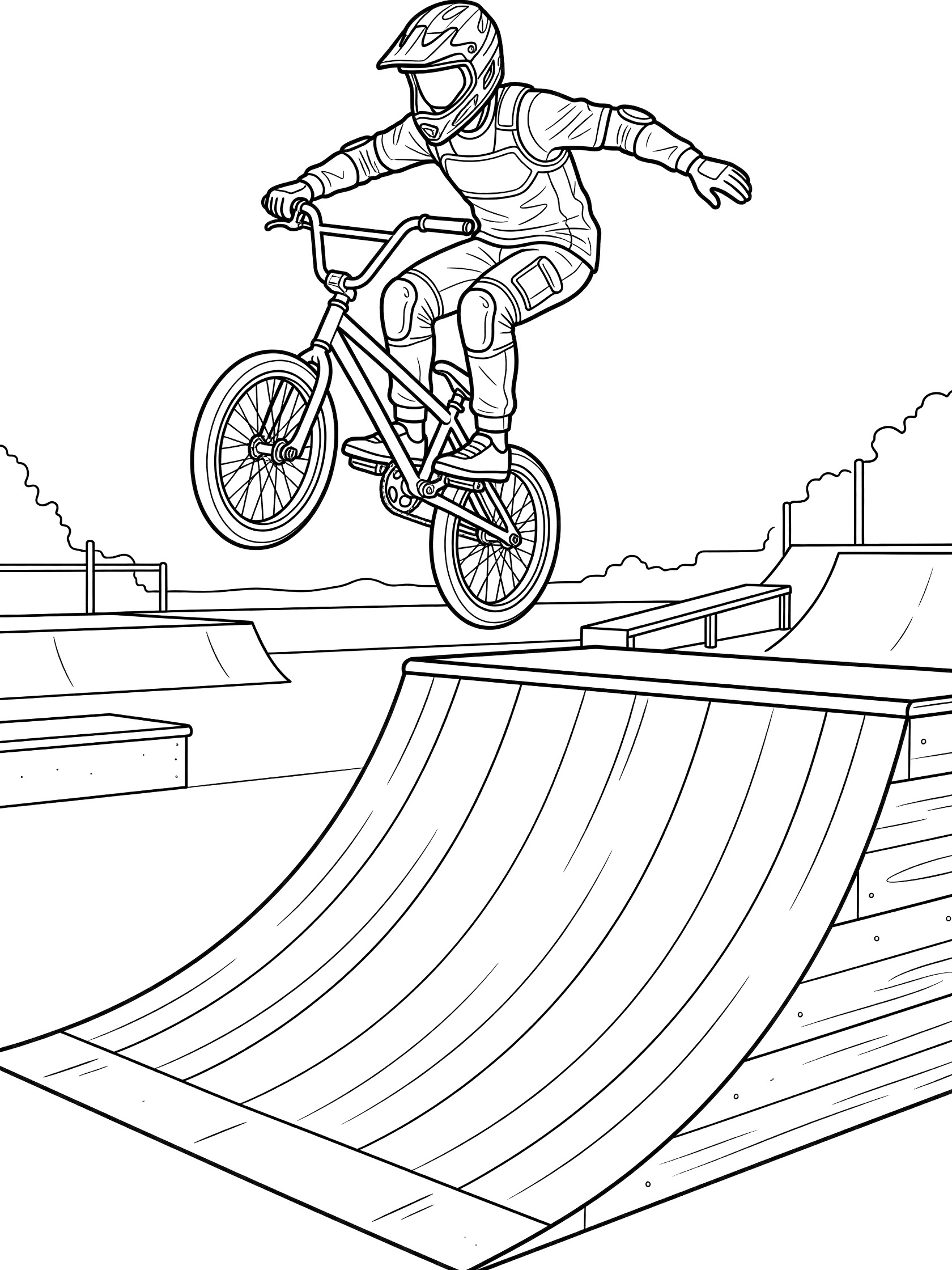 Black and white line art of BMX rider in helmet and pads jumping high from curved halfpipe ramp with outstretched arms and bike in air