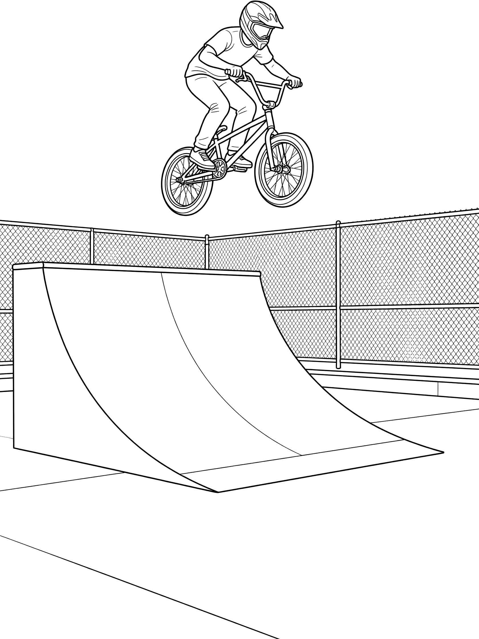Line art coloring page showing BMX rider in helmet jumping high from tall quarter pipe with bike extended, chain-link fence and concrete ground in skate park.
