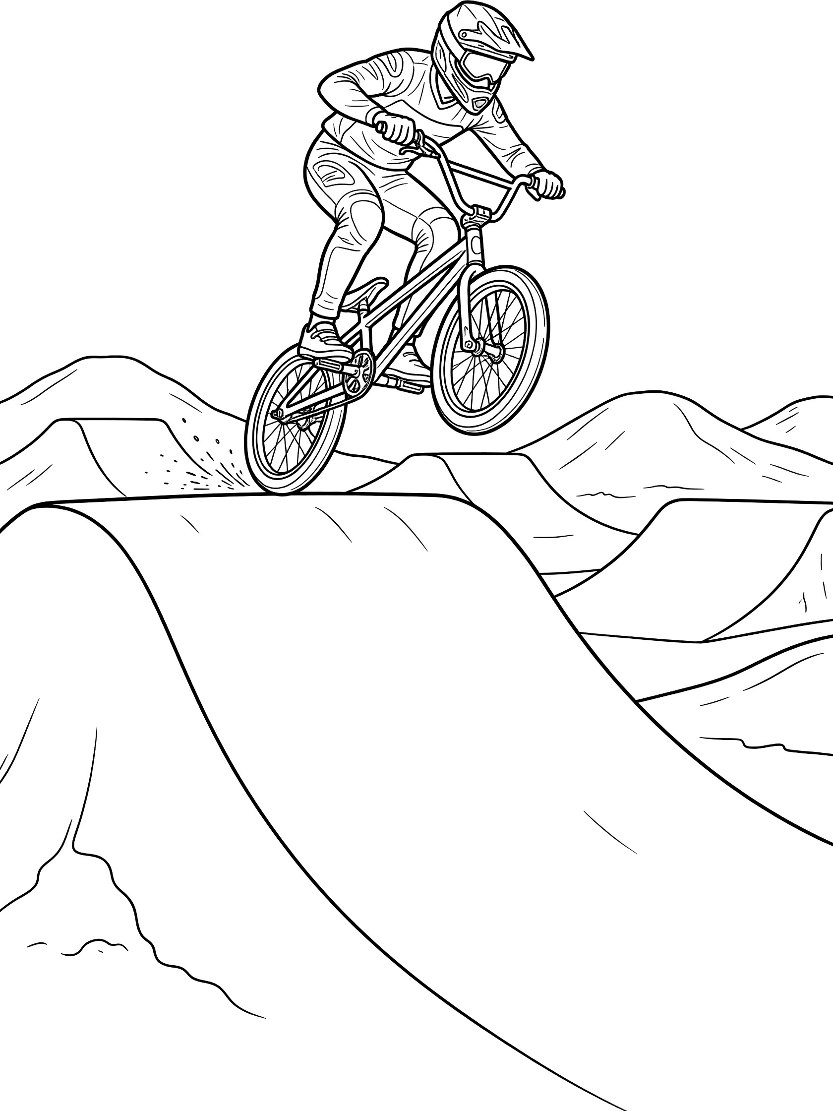 Black and white line art of BMX rider in helmet and gear jumping off curved dirt jump on bike, front wheel lifted, rear wheel on lip, dirt park background.