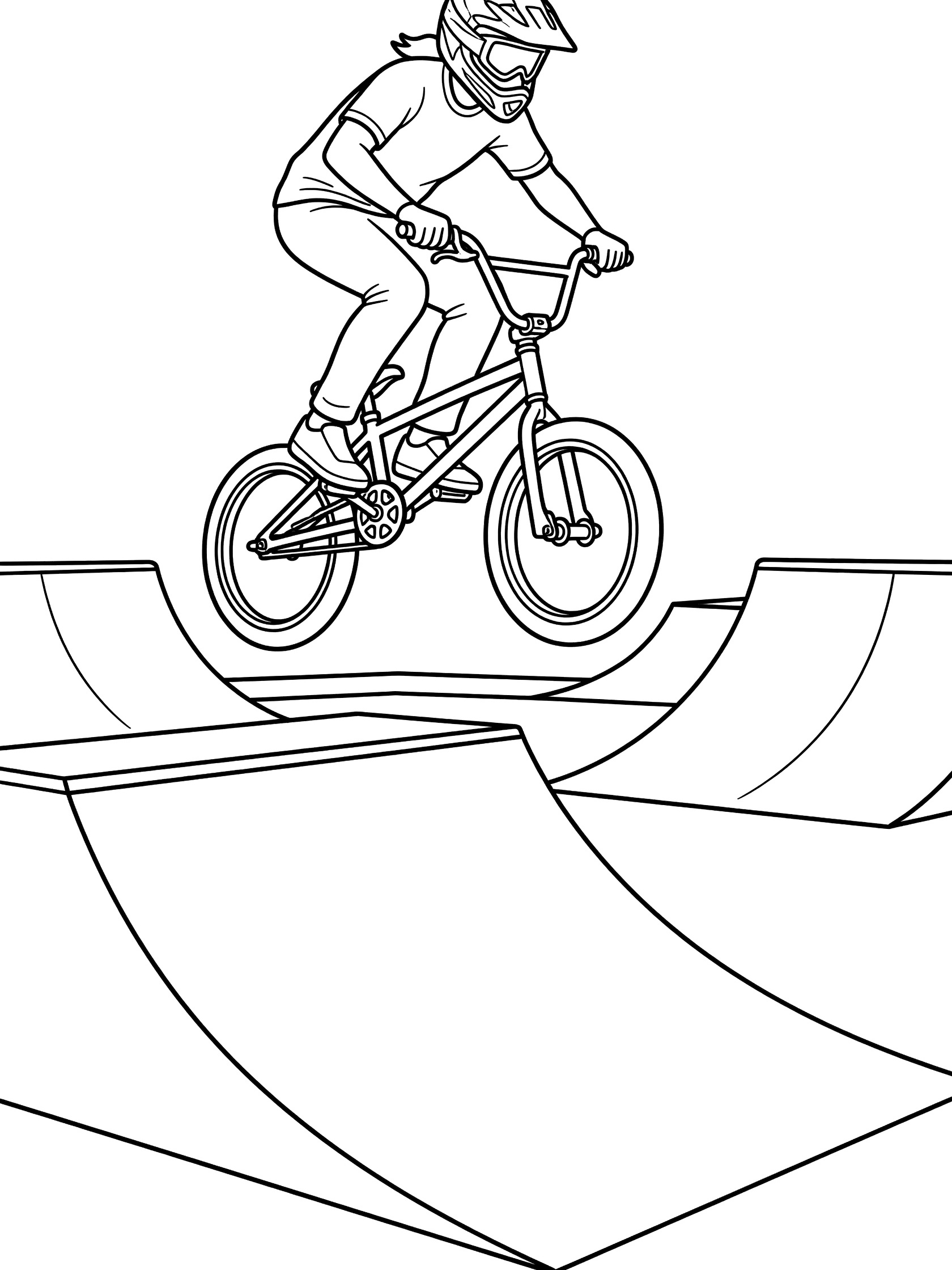 BMX biker airborne off ramp in skate park coloring page, wearing helmet, gripping handlebars, knees bent, with background ramps