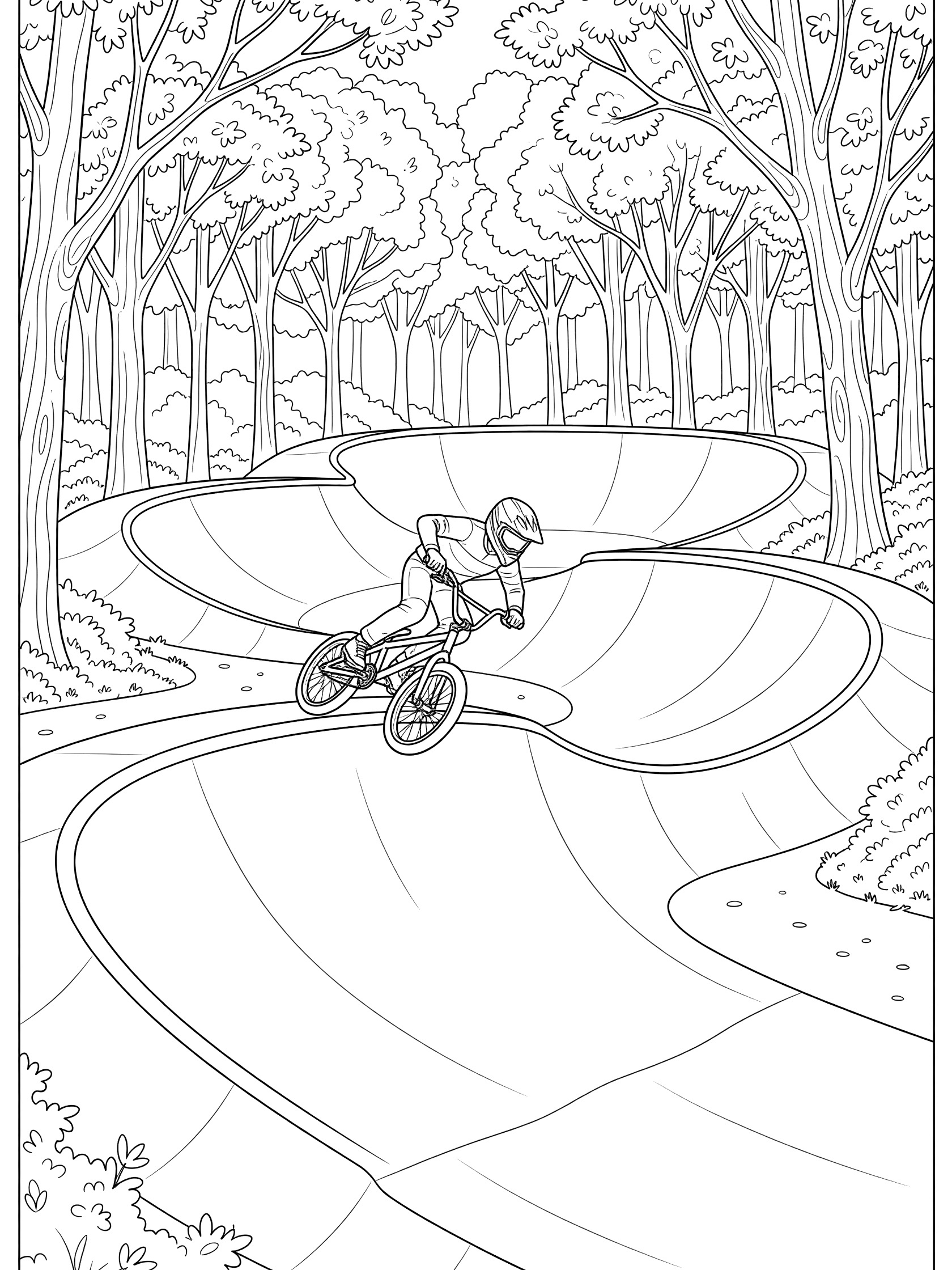 Black and white coloring page showing BMX bike and helmeted rider tilting into wide banked turn on pump track surrounded by trees