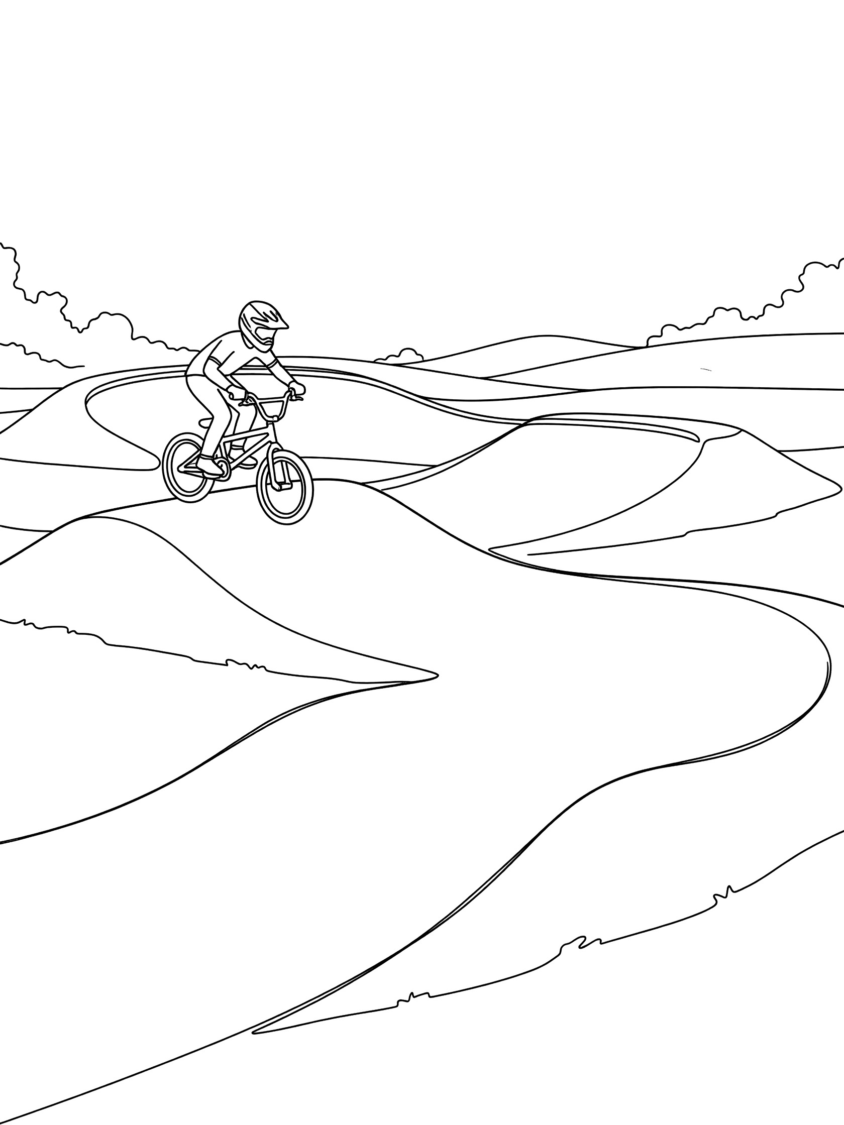 Black and white line art of BMX rider in helmet on bike going through whoops section of pump track with rolling dirt hills.
