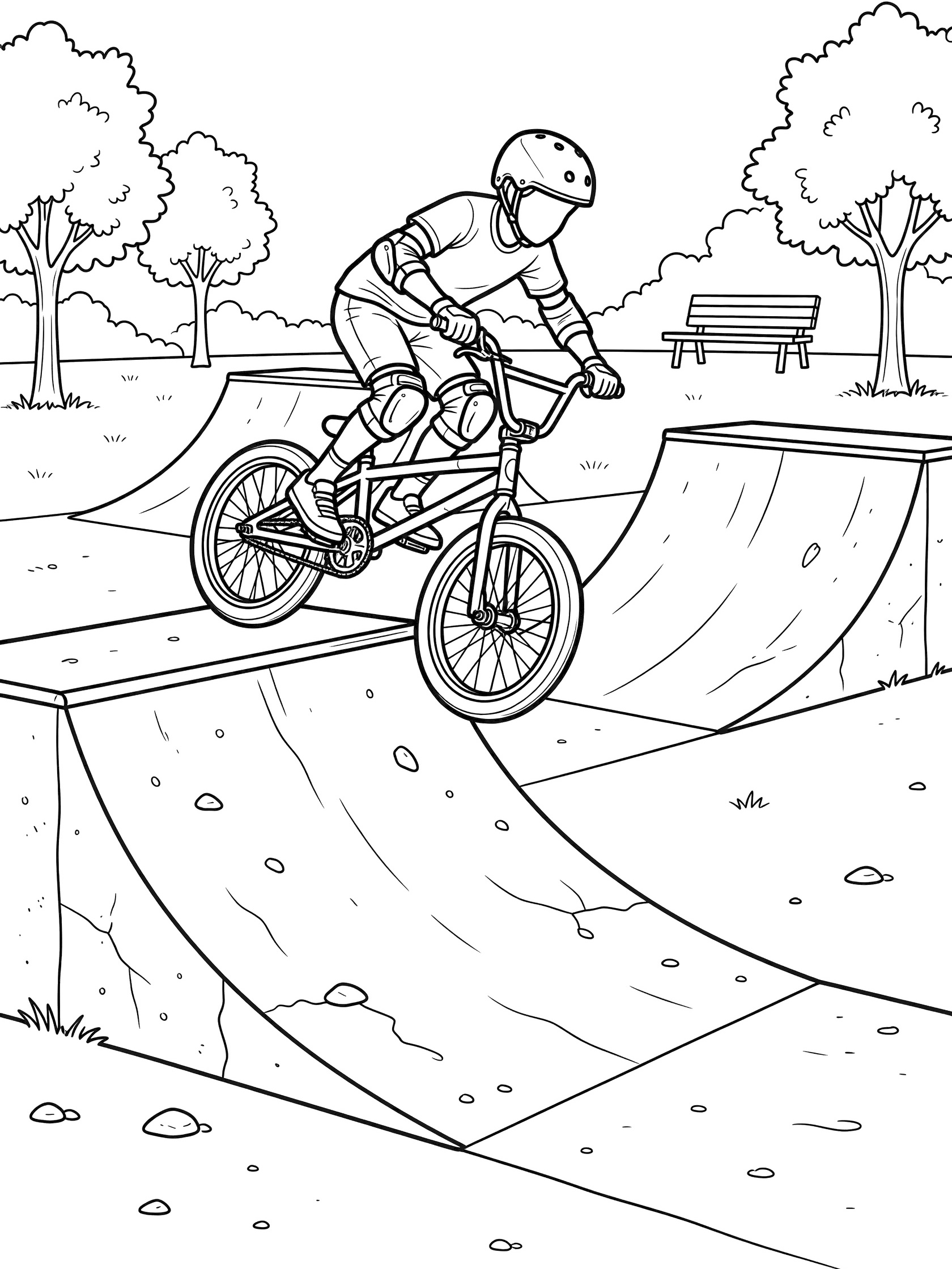 Black and white coloring page of a boy in helmet riding BMX bike up quarter pipe ramp with park trees and bench