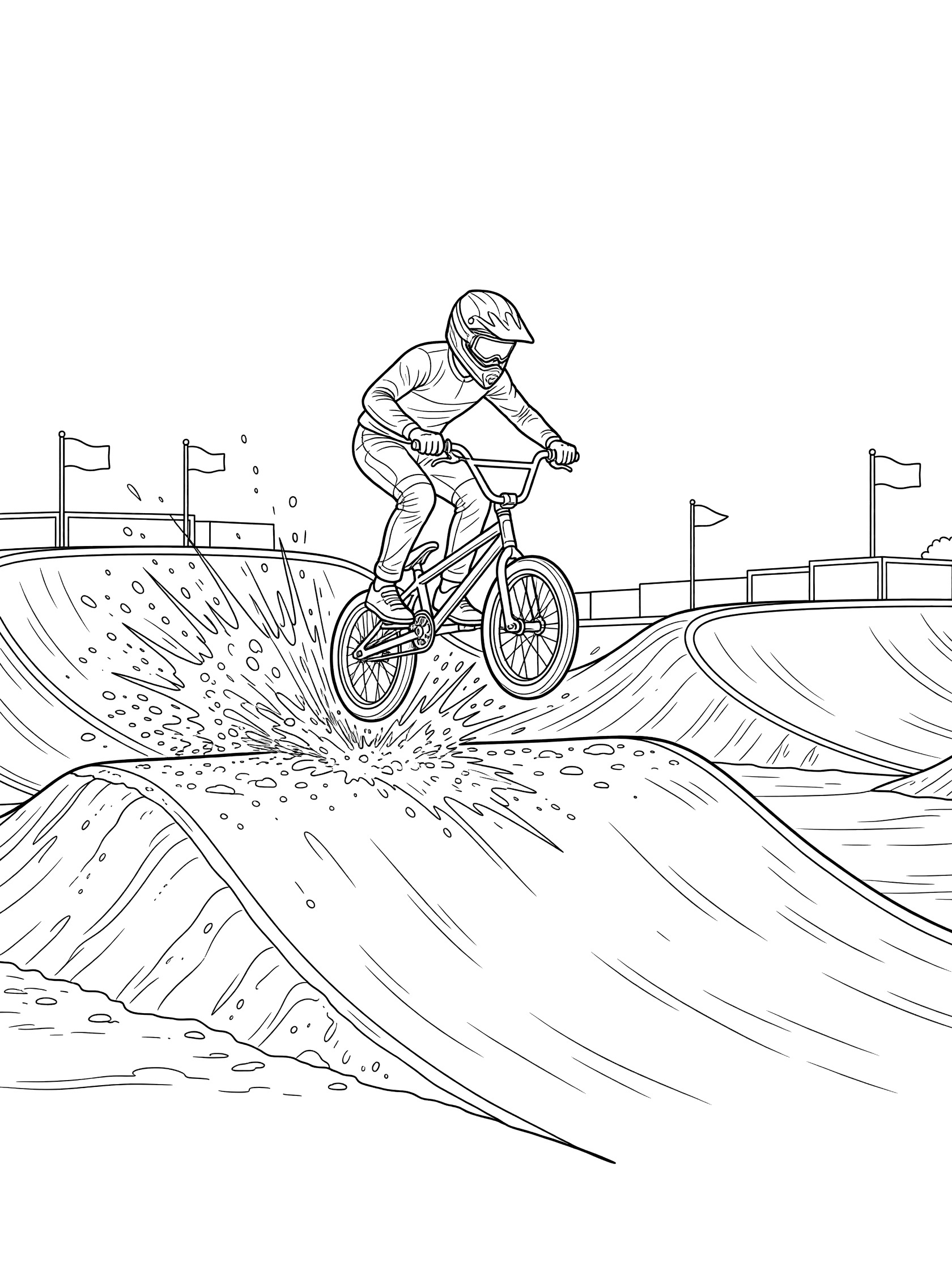 Line art coloring page showing BMX biker in helmet landing on flat after big dirt jump, knees bent, dirt flying from front wheel, with track flags and barriers
