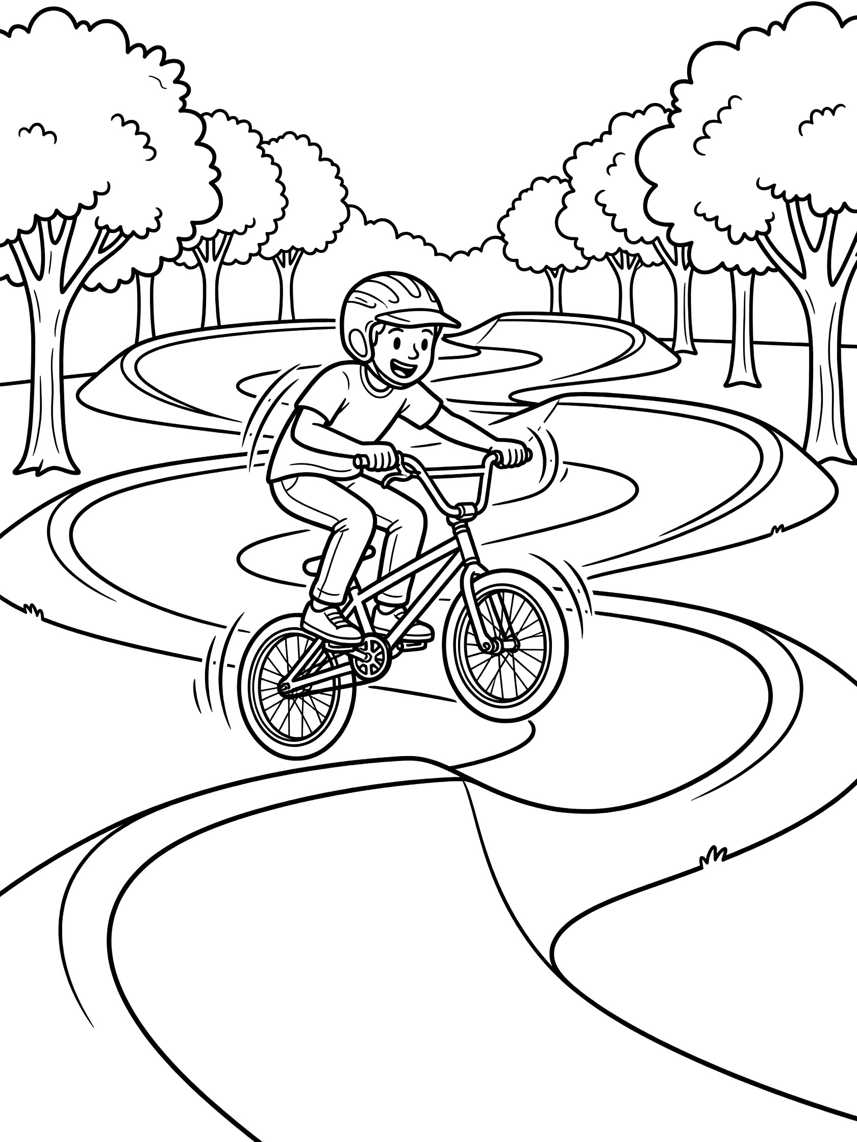 Black-and-white coloring page of a BMX biker in a helmet pulling a barspin in mid-air over a curving pump track surrounded by trees.