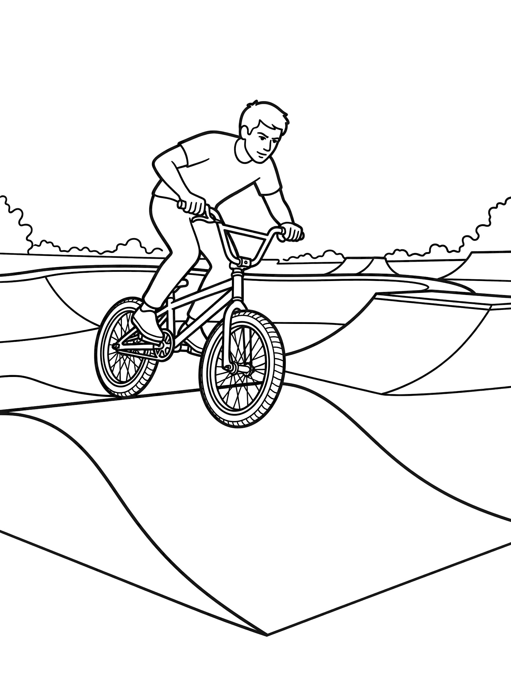 Black and white coloring page of a BMX rider pumping up a steep roller on a pump track with waves and berms ahead.