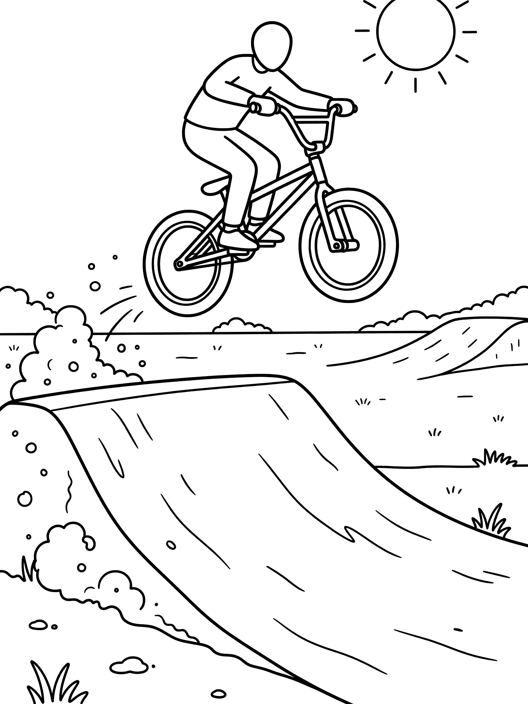 Line art coloring page showing BMX bike and rider flying high over dirt jump ramp with dirt kicking up and landing area ahead, sunny field background.