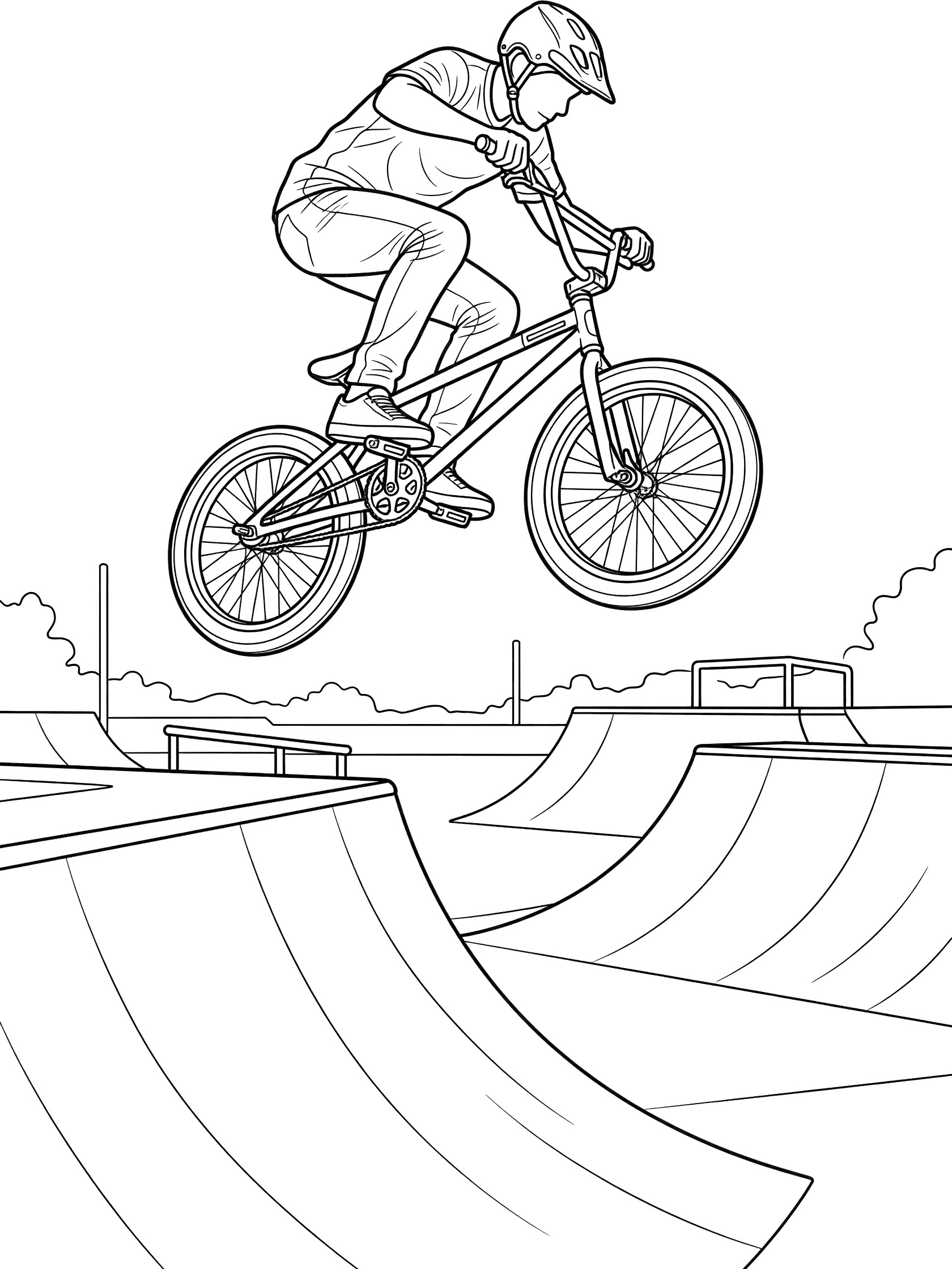 Black and white coloring page showing a BMX biker in a helmet doing a spinning aerial trick mid-jump over a halfpipe ramp.