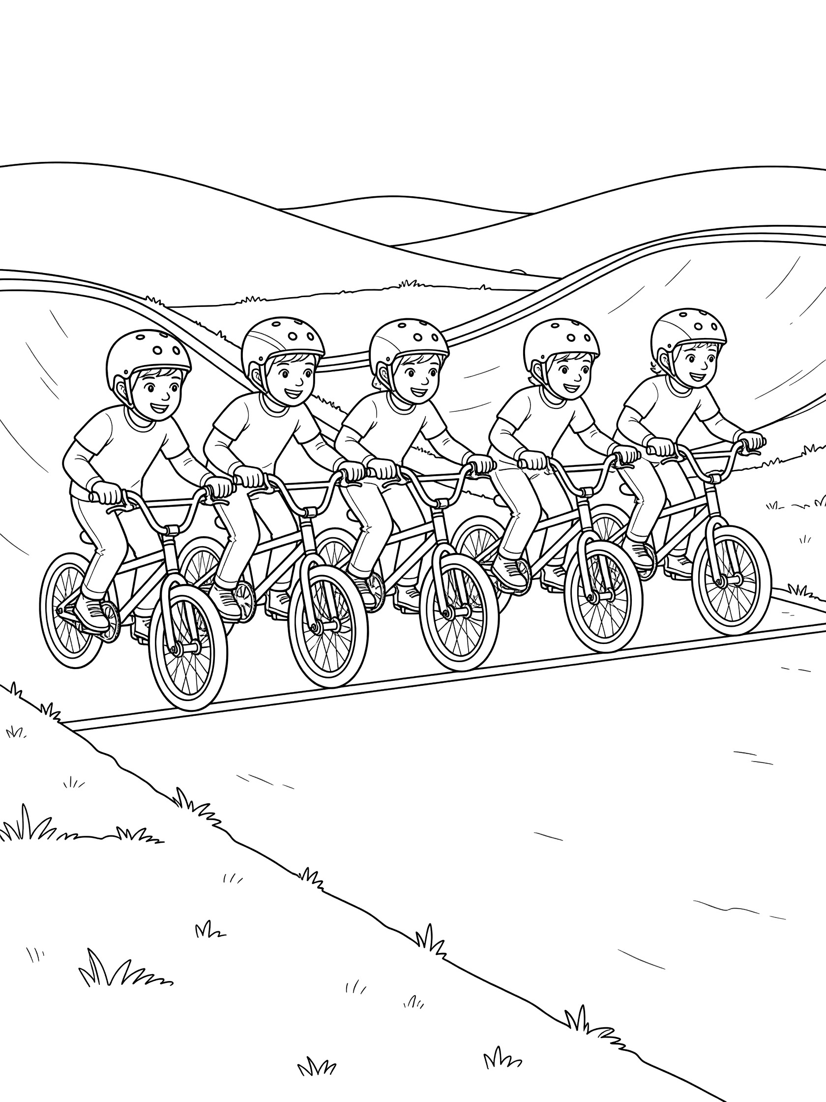 Coloring page showing four young BMX riders with helmets and bikes lined up at the starting gate on a dirt track surrounded by grassy hills