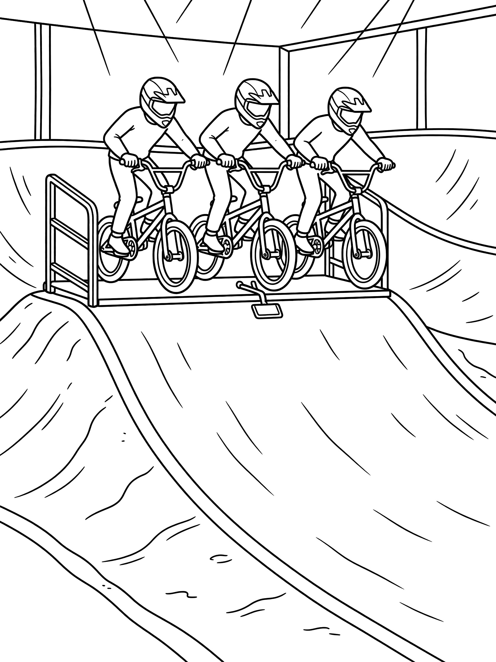 Black and white coloring page of three BMX riders poised ready at the starting gate on their bikes with handlebars, helmets, and track.