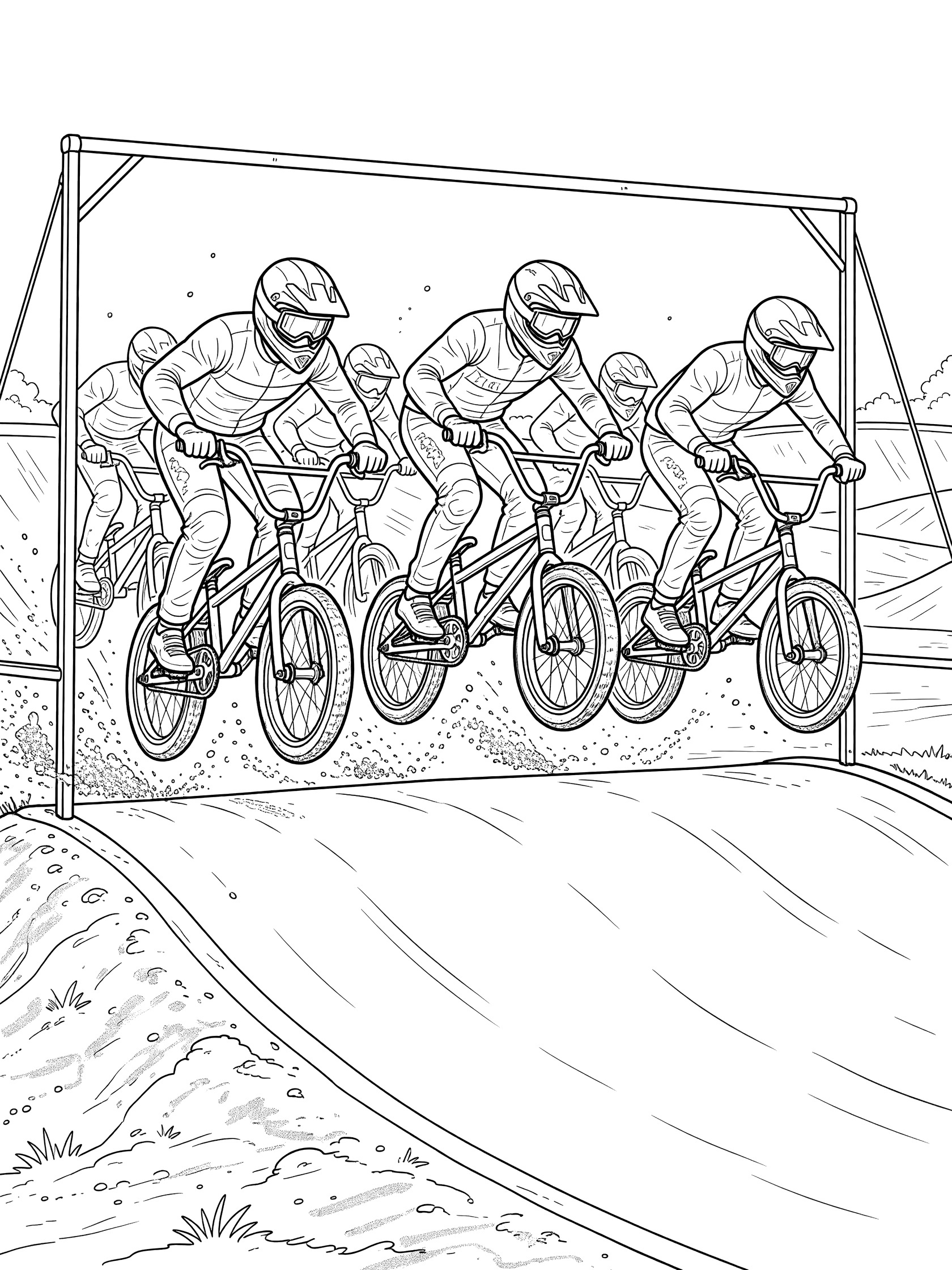 Black and white line art of four BMX riders on bikes bursting forward as the starting gate drops on an outdoor dirt track.