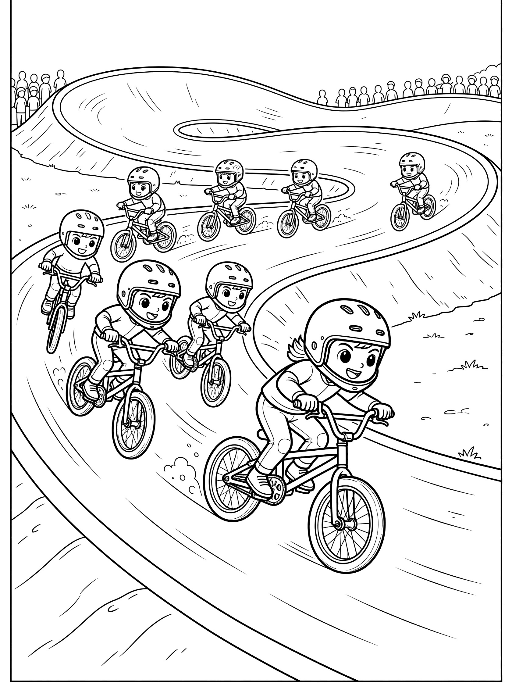 Line art coloring page showing BMX riders and bikes speeding from starting gate into first turn on winding track with speed lines and background crowd.