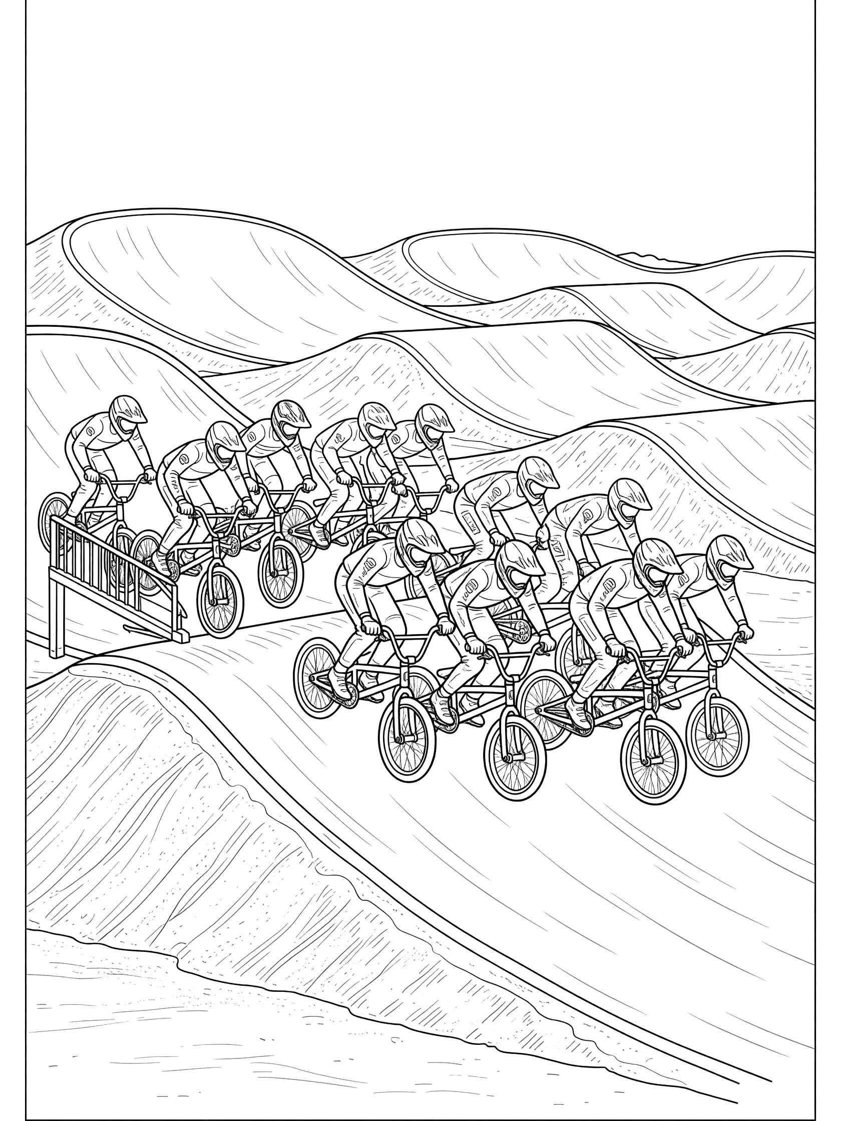 Black and white line art of BMX starting gate dropping with pack of riders leaning forward on bikes racing down steep ramp toward curving track.