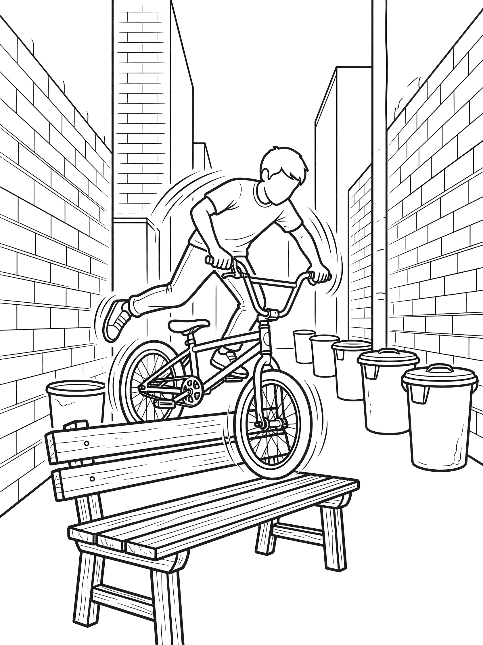 Black and white line art of BMX biker spinning handlebars in barspin on park bench in street alley with brick walls and trash bins