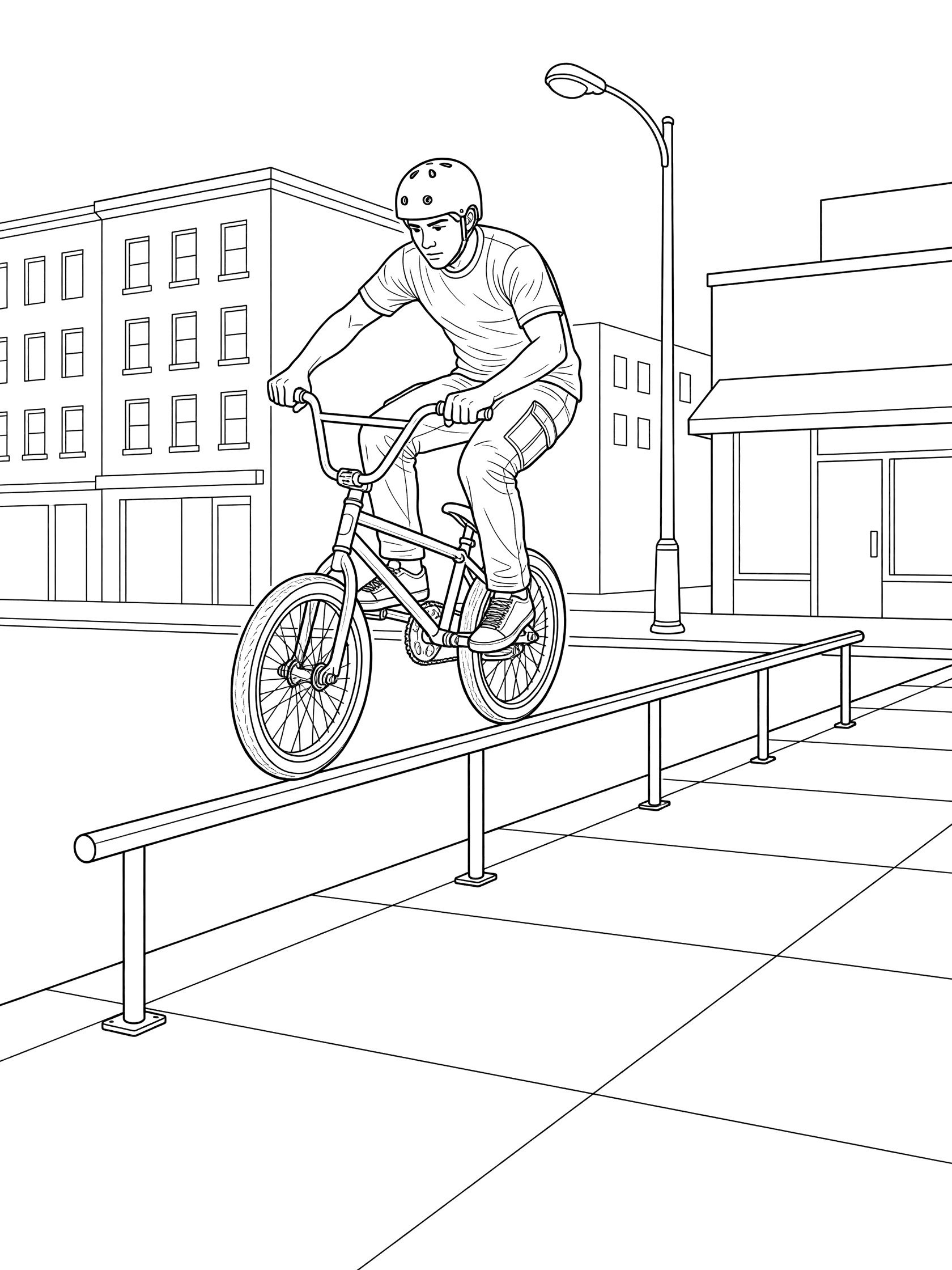 Black-and-white line art of a BMX biker in a street rail grind trick, balancing on a long metal rail by city buildings and a lamp post.