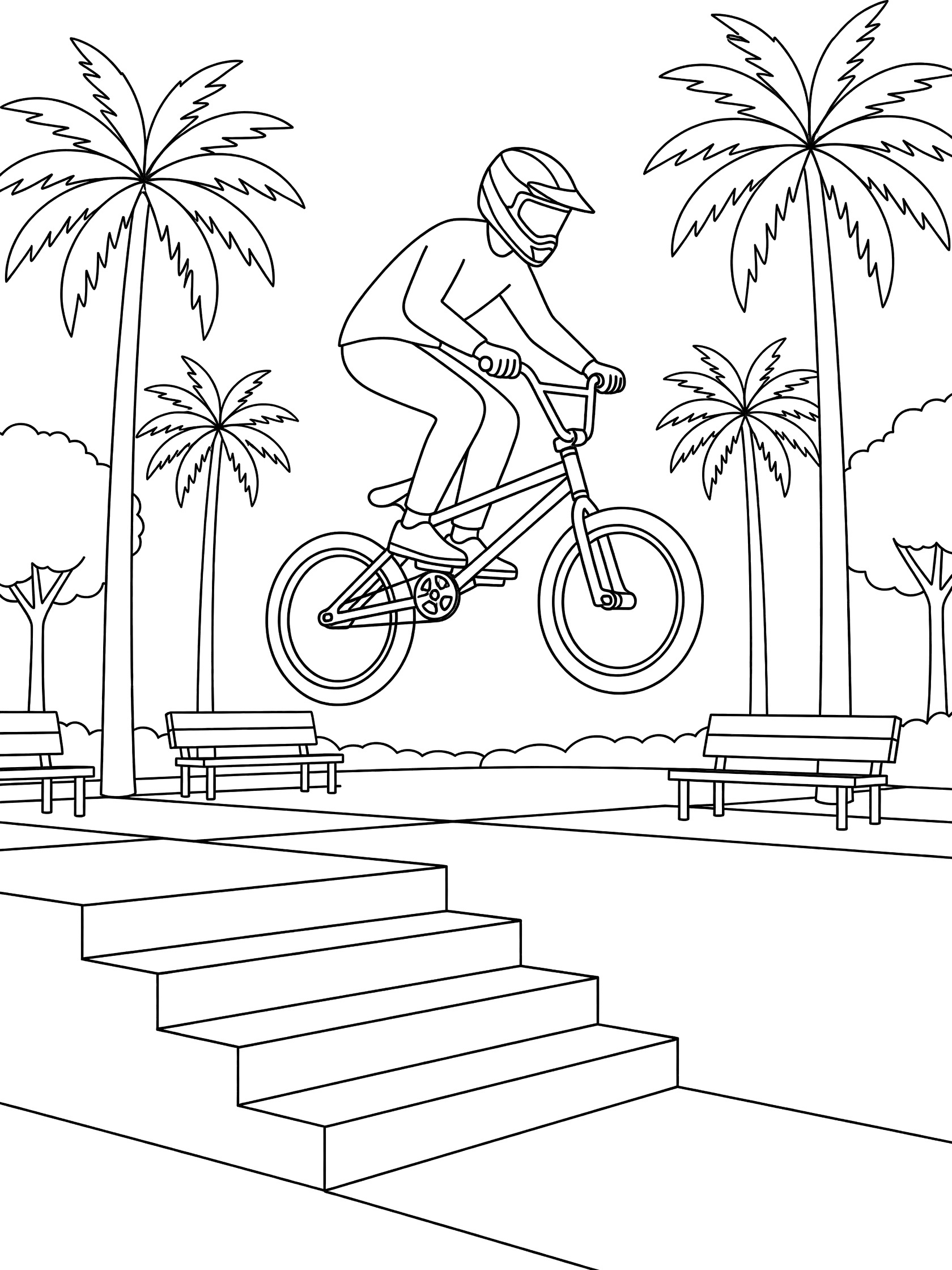 BMX biker in helmet soaring high off street stairs on bike, with palm trees and benches in urban park background, line art coloring page