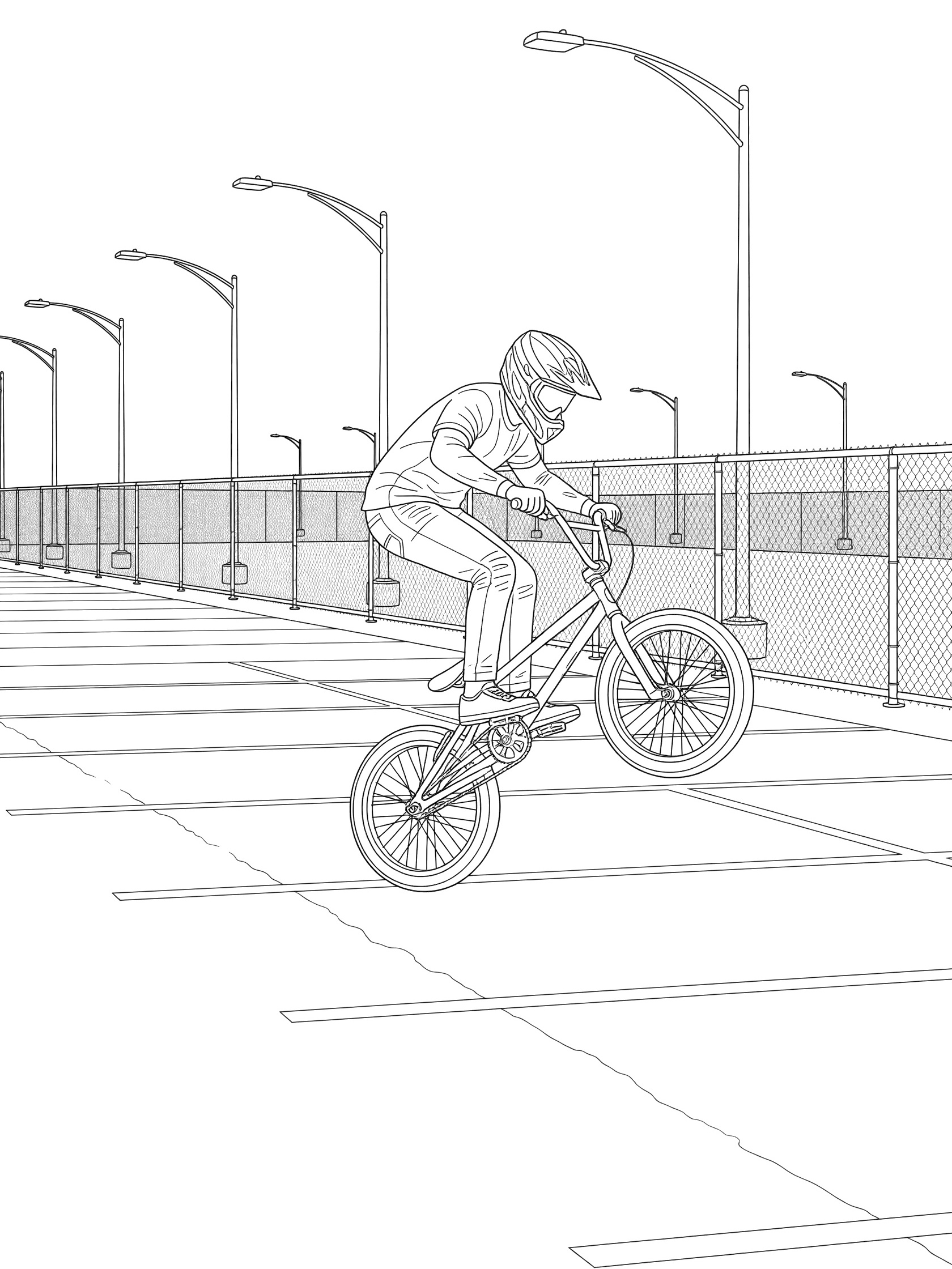 Black and white coloring page of BMX street tailwhip trick with biker mid-spin holding bars, bike frame whipping around in empty parking lot surrounded by fence and overhead lights.
