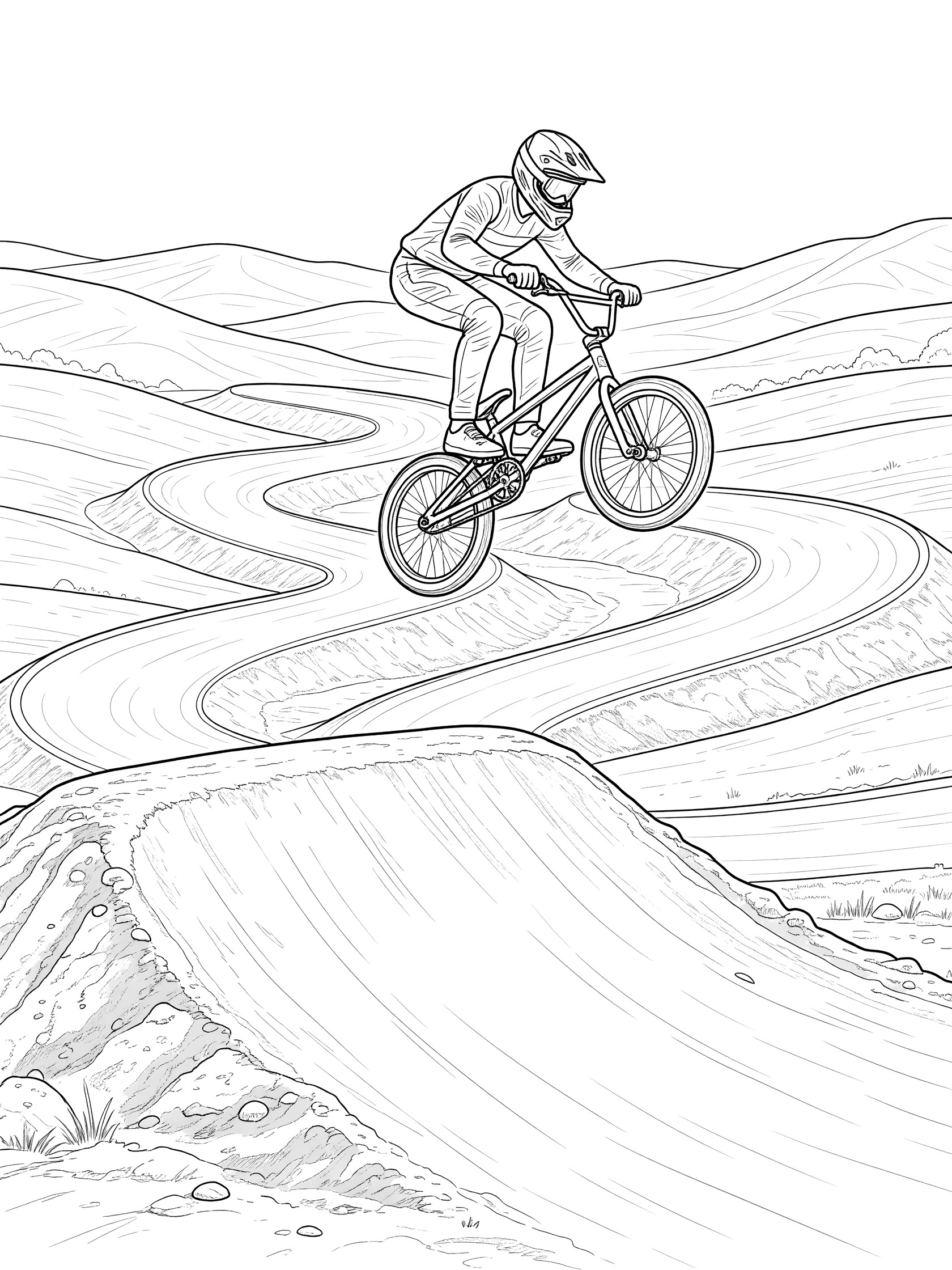 Black-and-white coloring page of a BMX biker doing a tailwhip trick, jumping high over a dirt ramp on a curvy track surrounded by hills.
