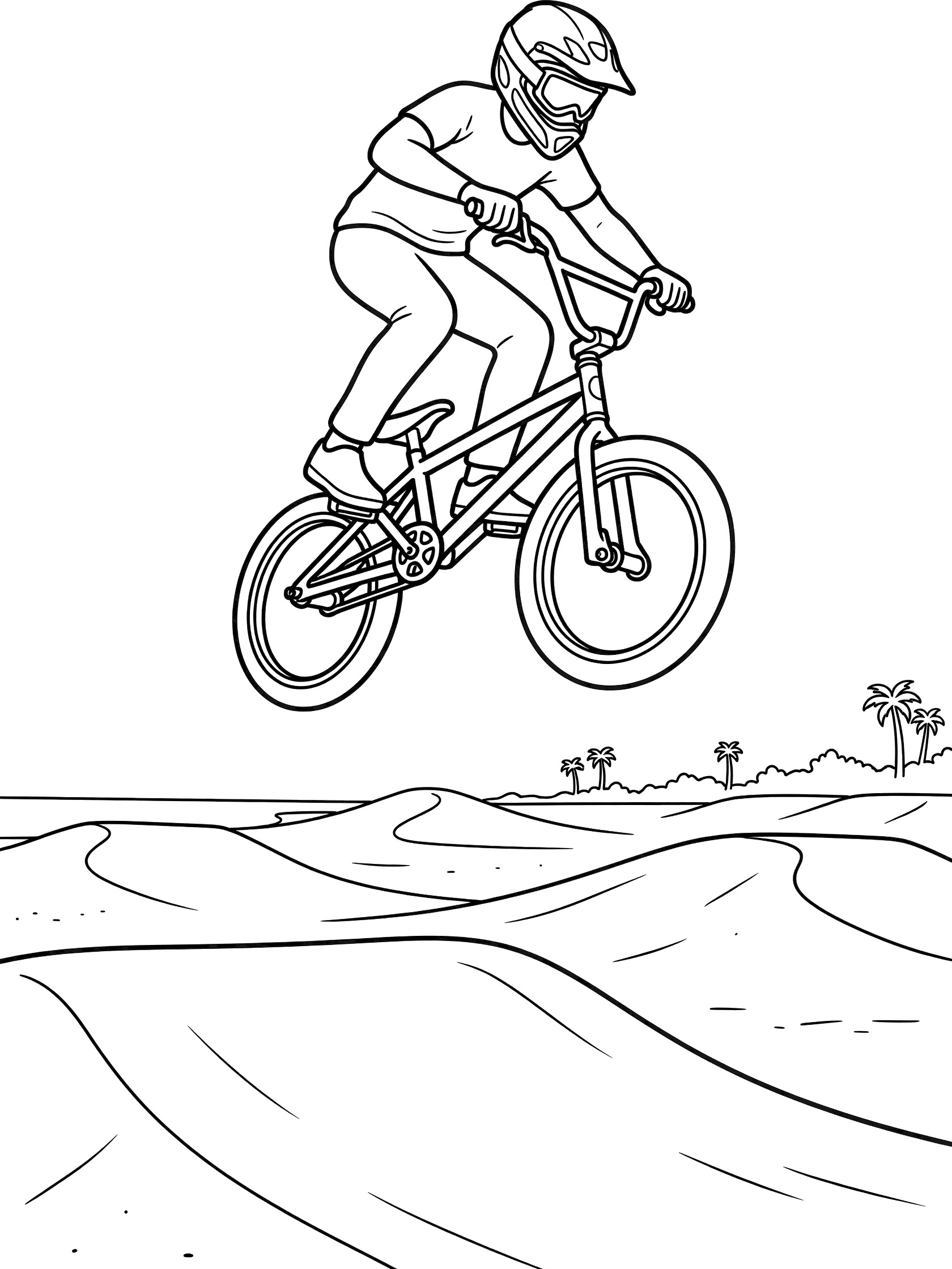 Black and white line art of BMX biker in helmet performing tailwhip above beach dunes and ocean.