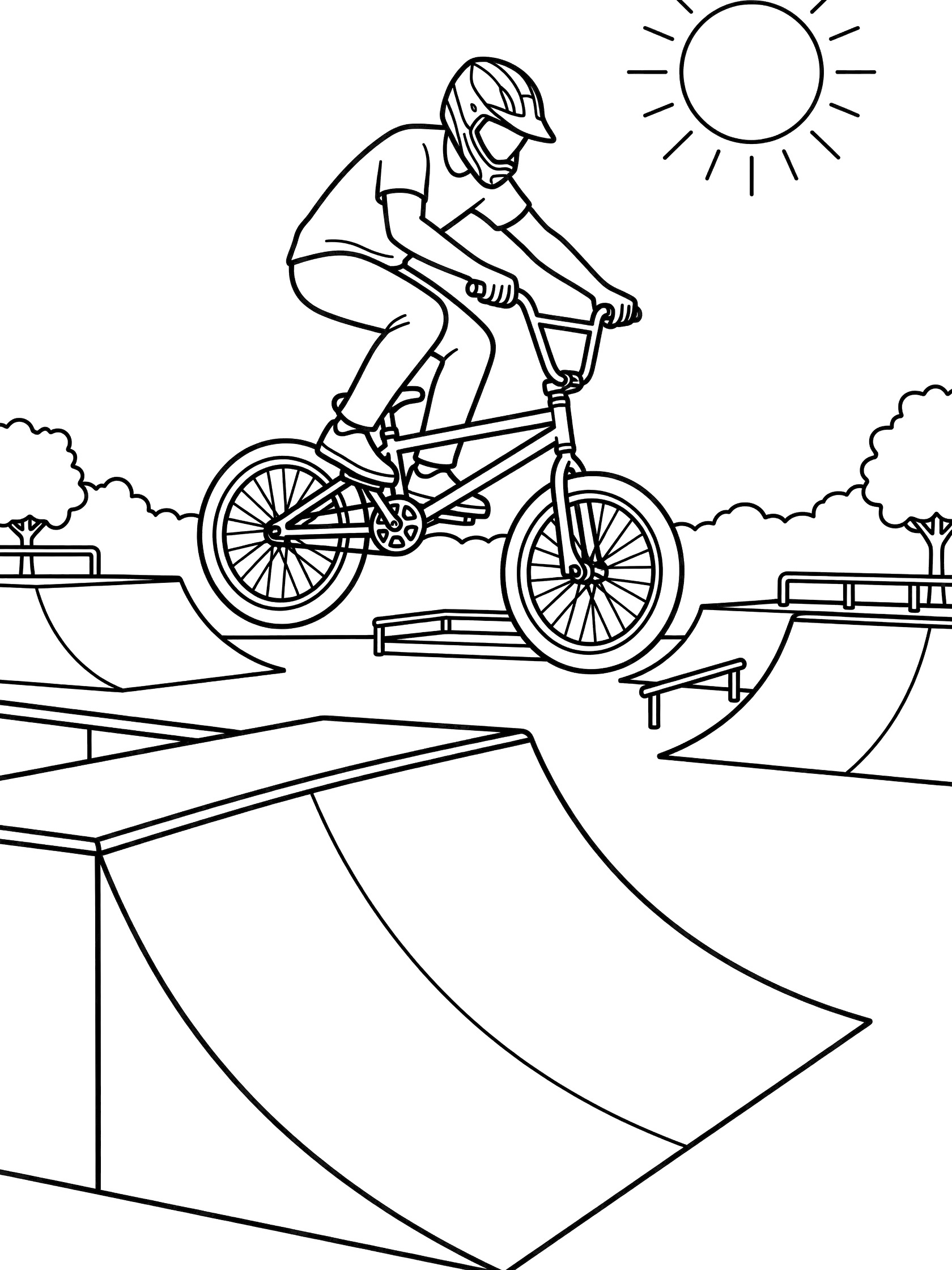 Black-and-white coloring page of BMX rider in helmet performing tailwhip mid-air over curved ramp with spinning bike frame in skate park