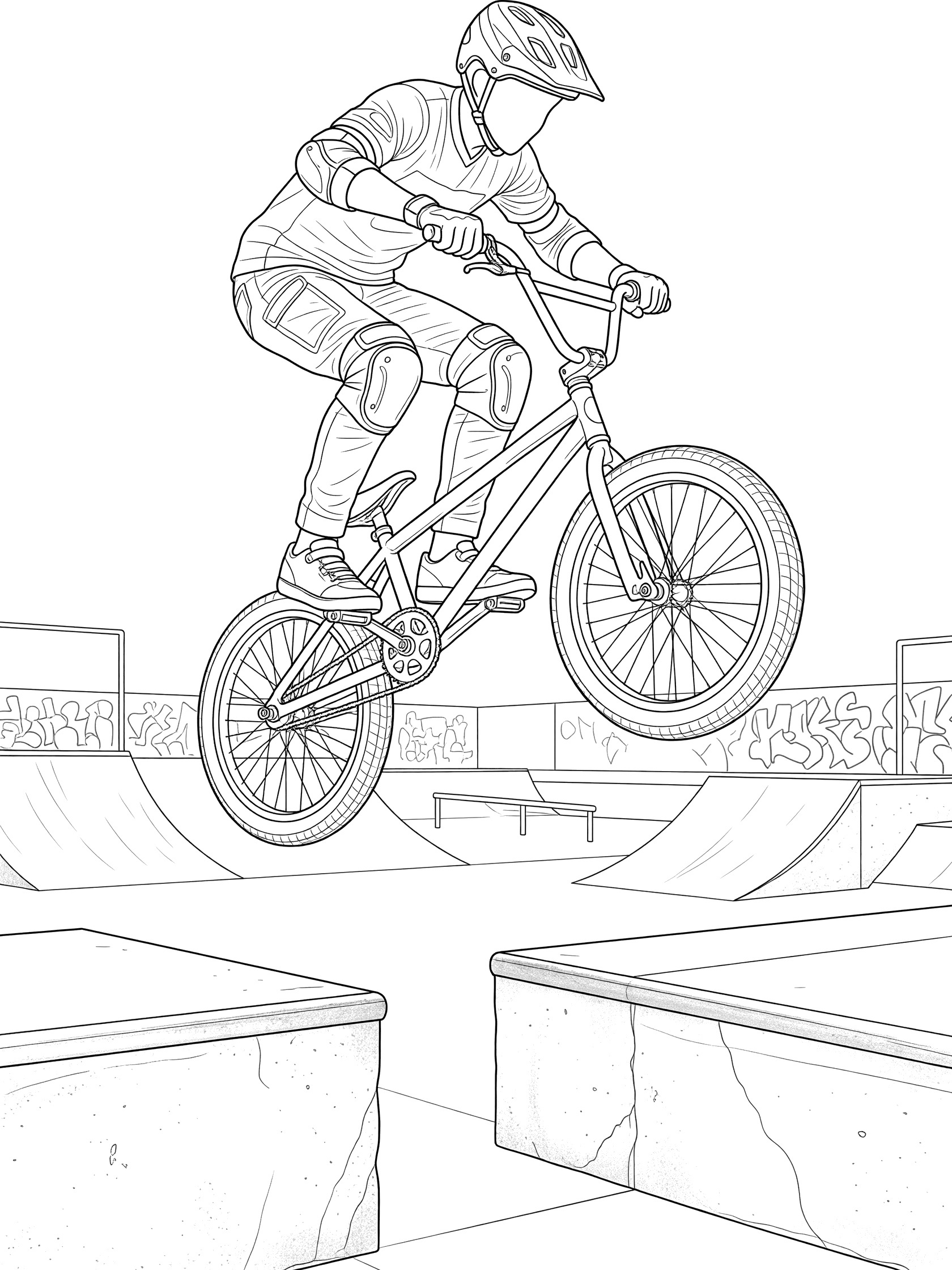 Black-and-white coloring page of BMX biker in helmet and pads performing tailwhip mid-air over narrow gap between urban concrete ramps and ledges.