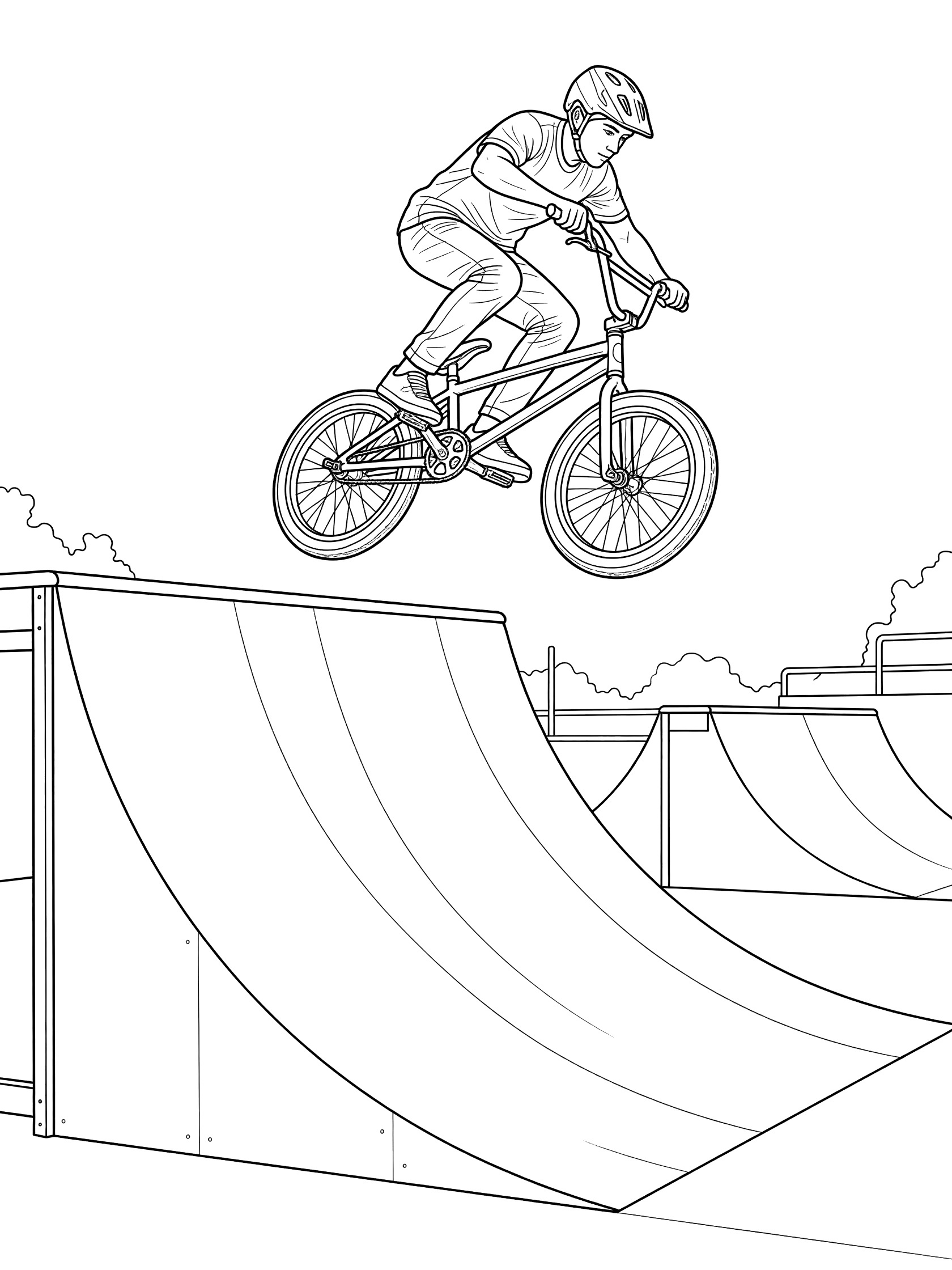 Black-and-white coloring page of a BMX biker doing a tailwhip in a half-pipe with spinning bike and ramps