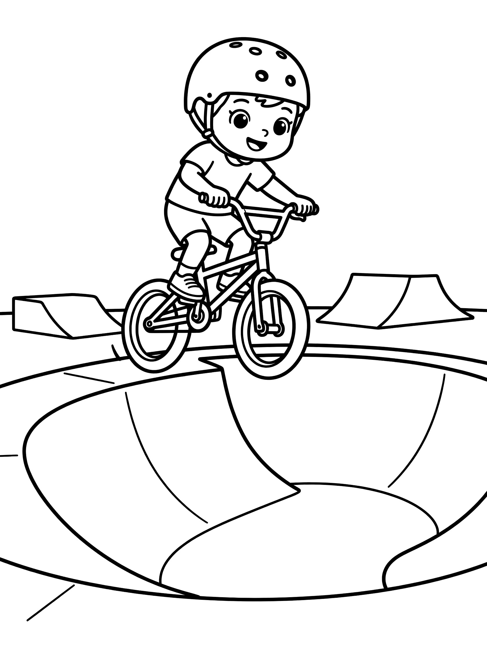 Cute BMX biker in helmet doing tailwhip spin inside deep concrete bowl in park with nearby ramps, black and white line art coloring page.