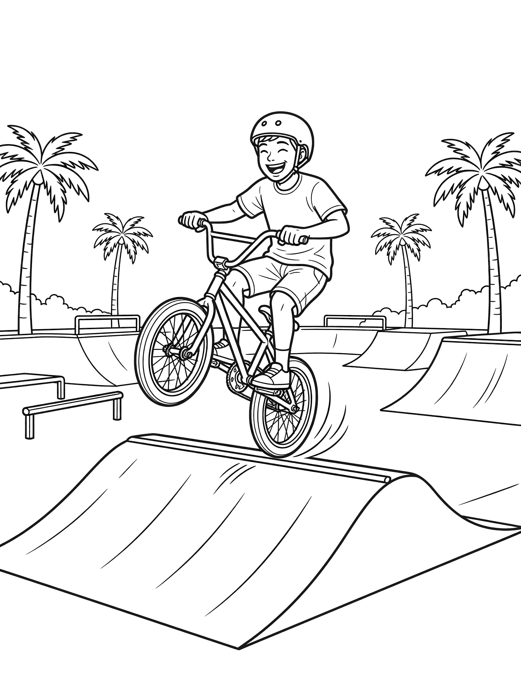 BMX kid in helmet doing a wheelie on rear wheel at the top of a spine ramp in an urban park with palm trees and skate rails