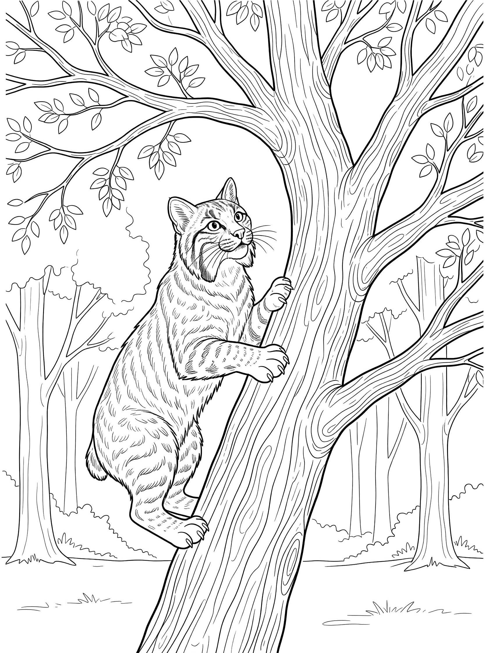 Black and white coloring page of a bobcat climbing a rough tree trunk in the woods, with claws on bark, focused eyes, dangling twigs and leaves on branches.