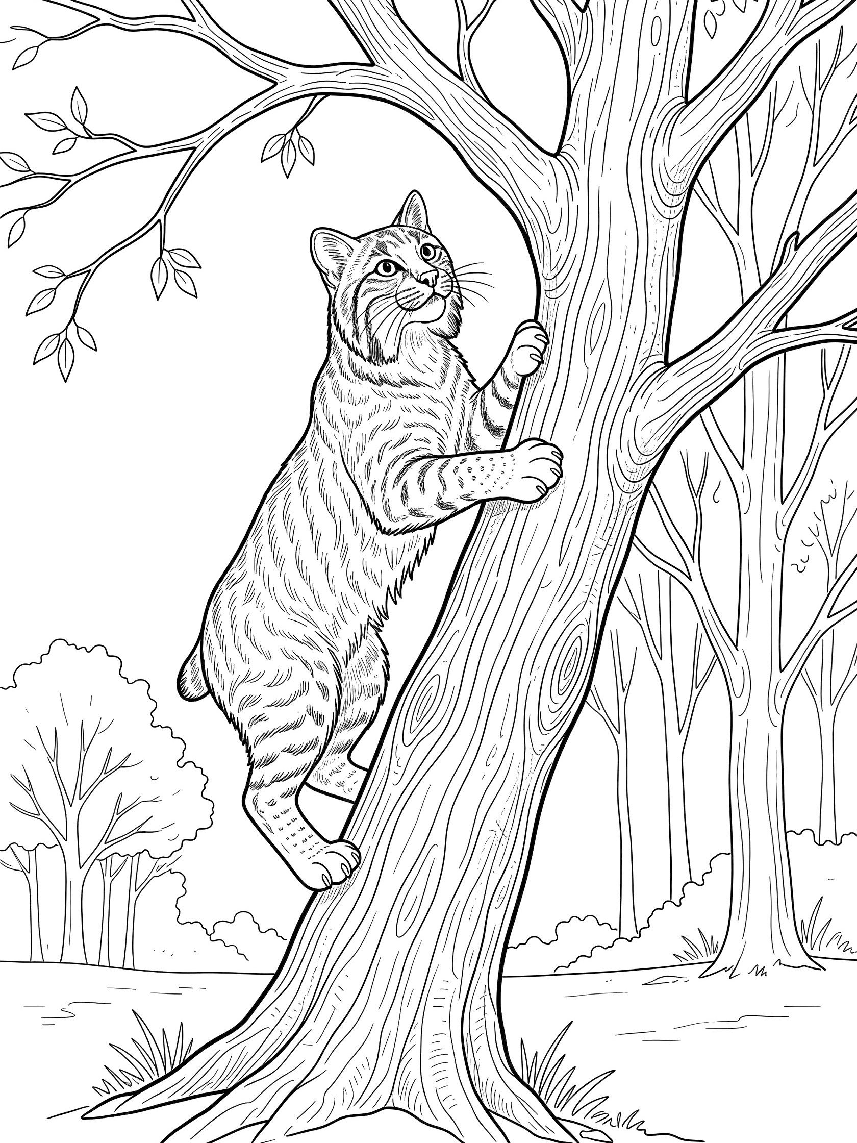 Black and white line art coloring page showing a bobcat gripping a rough tree trunk with claws, looking up at twigs and leaves on branches, surrounded by forest trees.