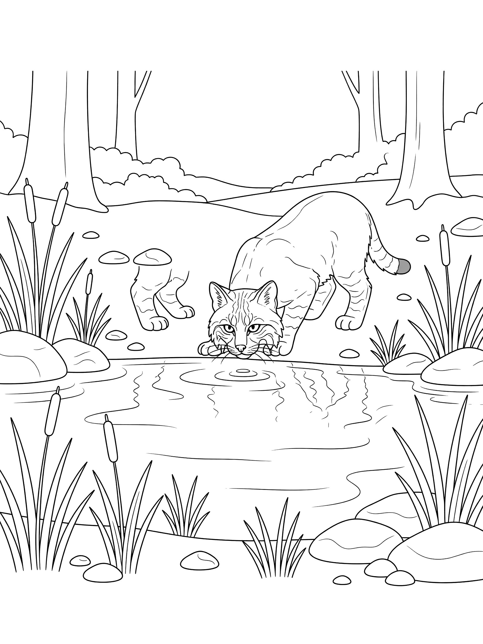 Black and white coloring page showing a bobcat leaning down to drink from a pond in the forest, surrounded by reeds, pebbles, and trees.