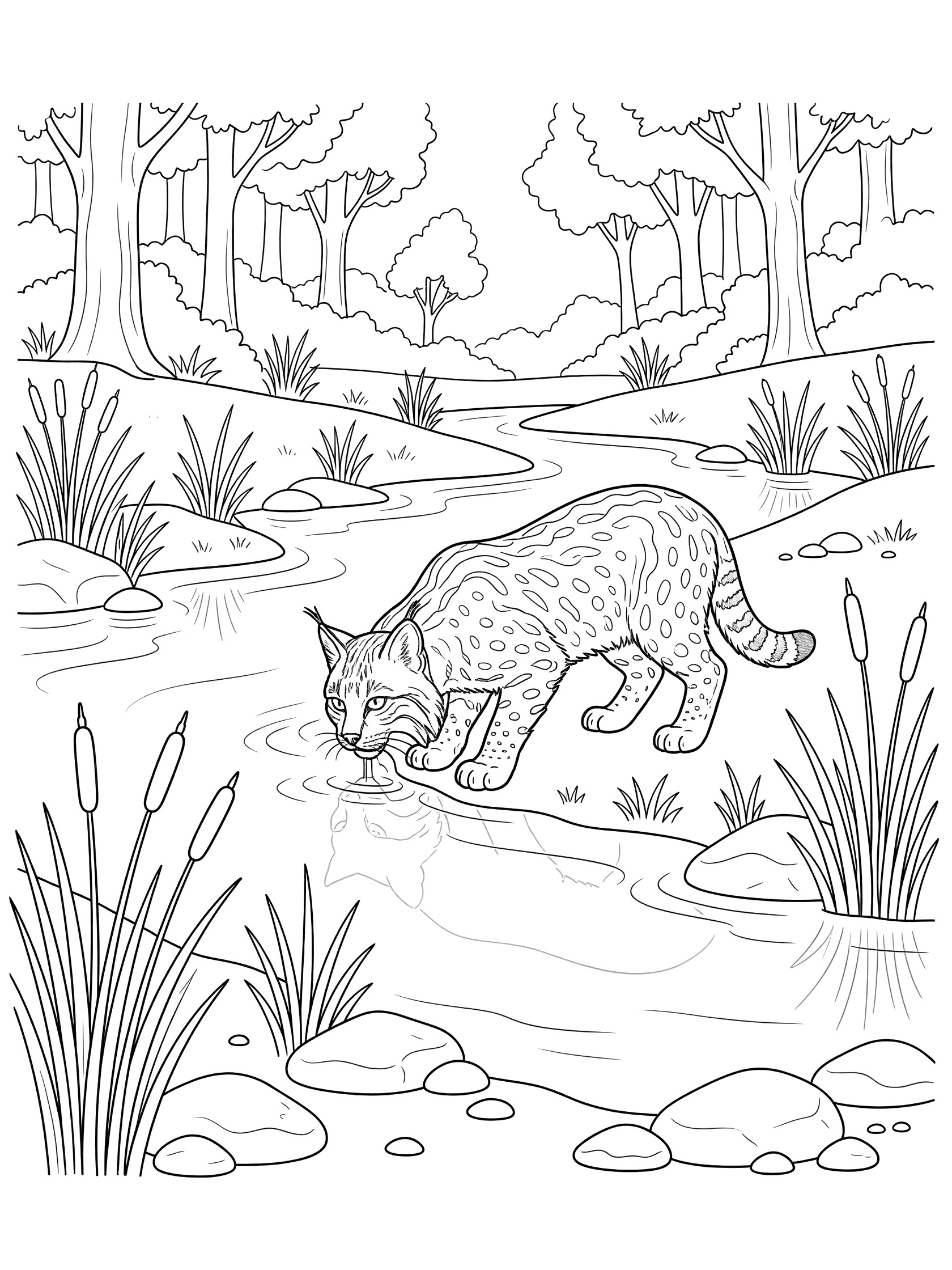 Black and white line art coloring page showing a bobcat drinking water from a stream in a forest with reeds, rocks, trees, and water reflections.