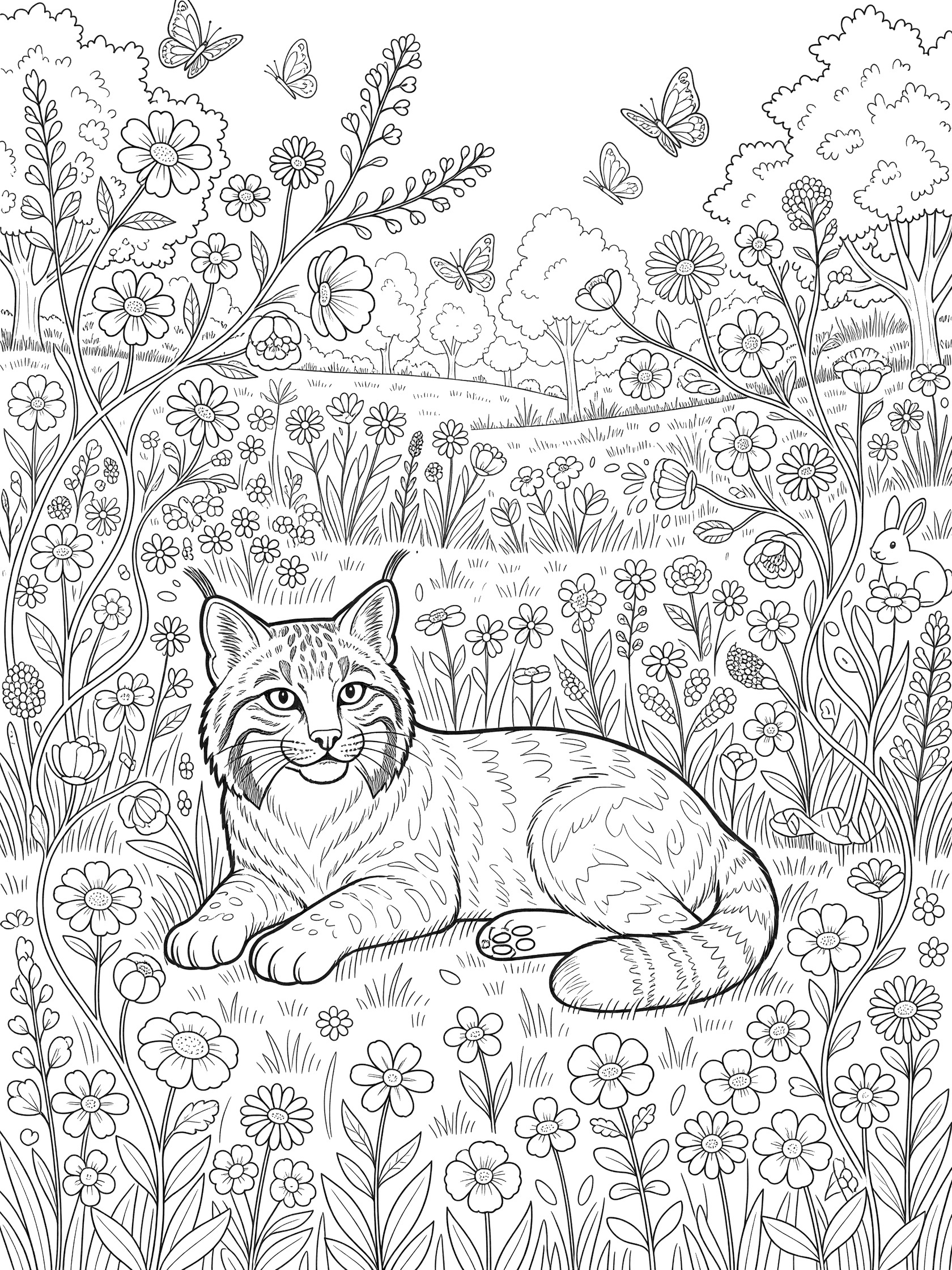 Printable coloring page showing a whimsical bobcat lounging amid detailed flowers, butterflies, twisting vines, distant trees, and a peeking rabbit in a forest meadow.