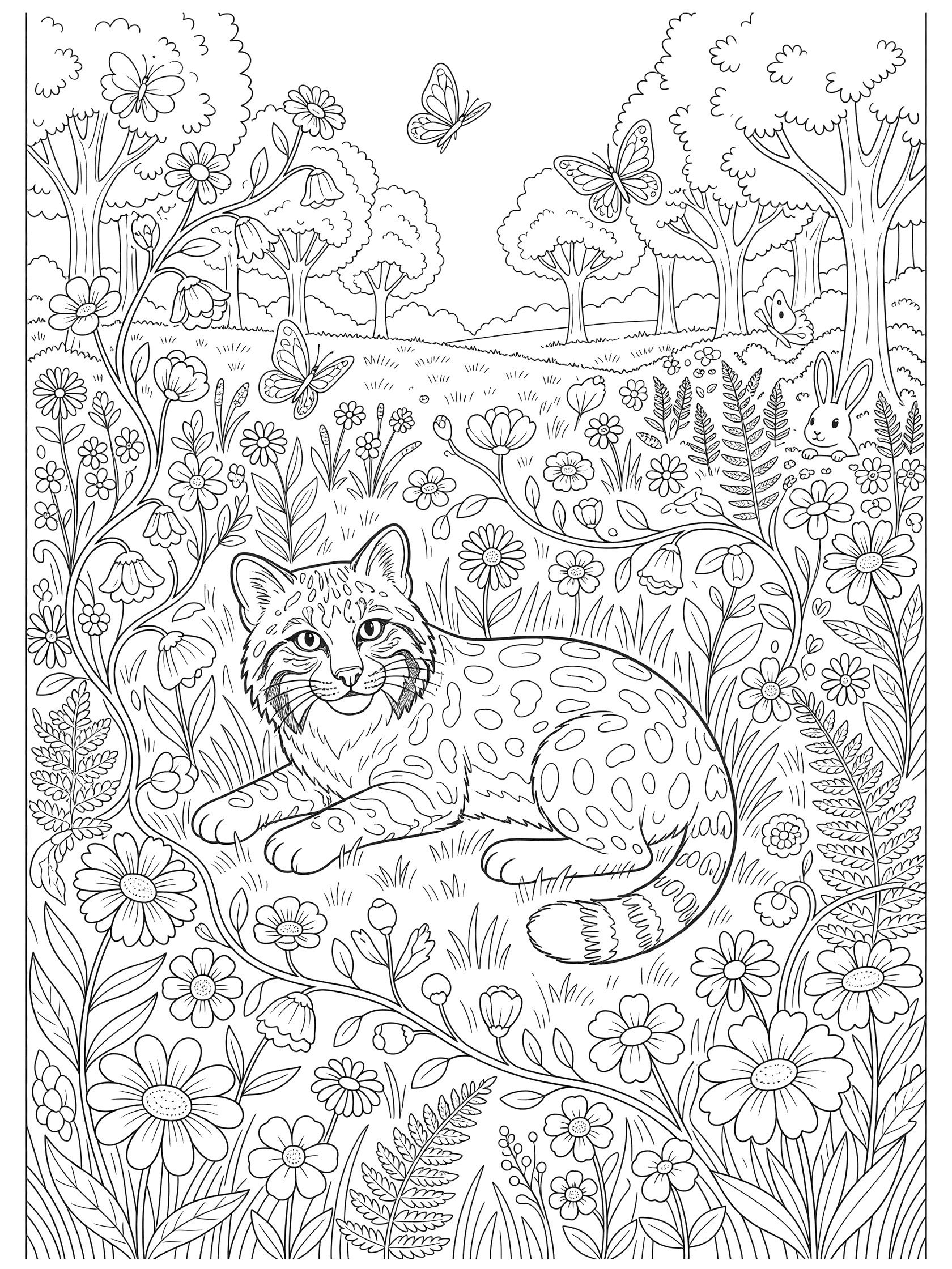 Black and white line art coloring page of a bobcat kitten lying in a flower-filled meadow with butterflies, vines, trees, and a rabbit
