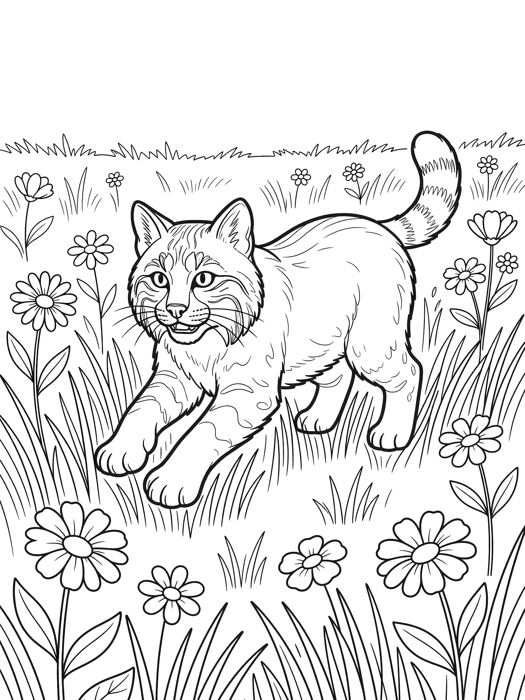 Black and white line art coloring page showing a bobcat kitten leaping with outstretched paws amid tall grass blades and scattered daisy flowers