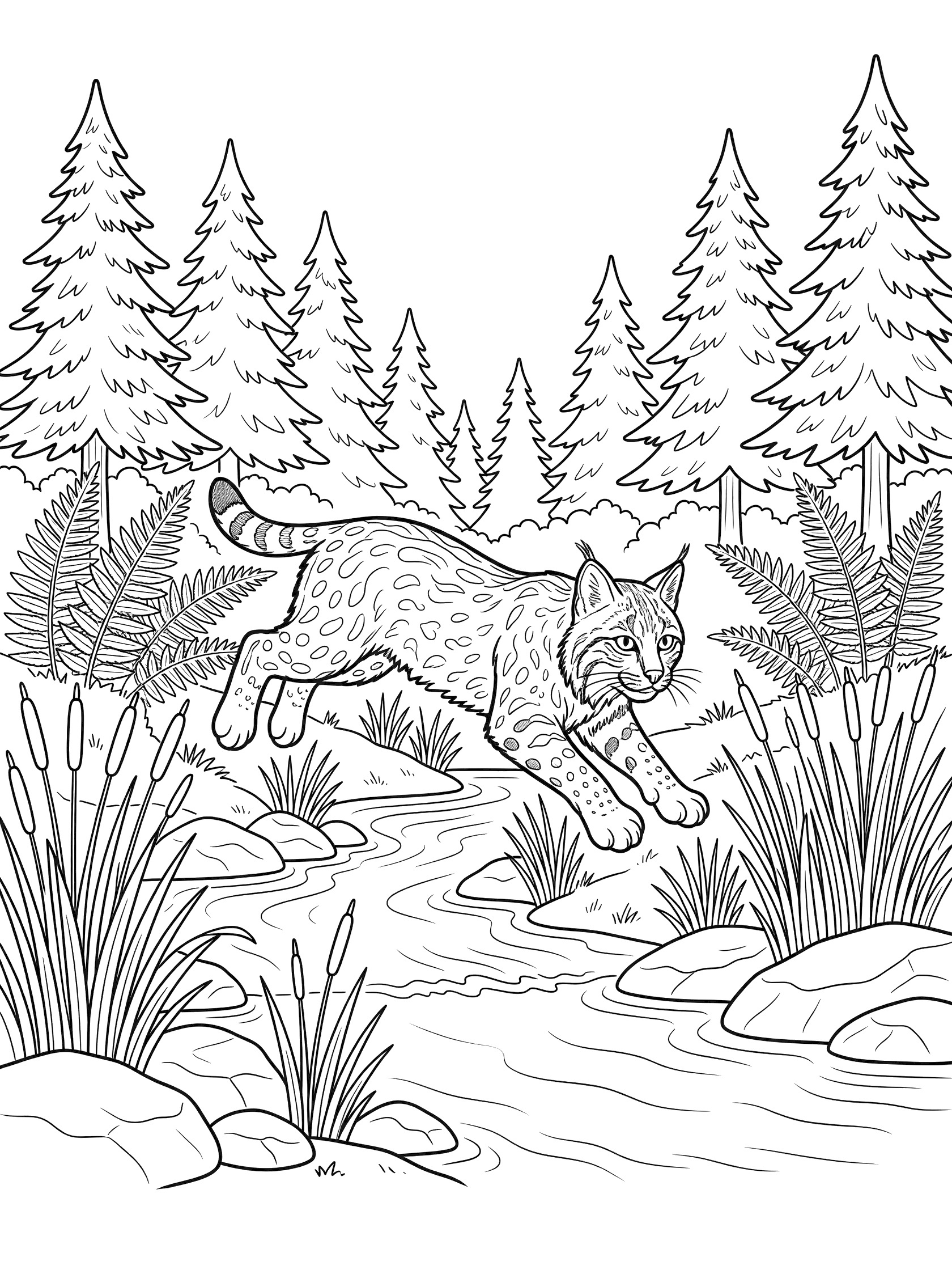 Black and white line art coloring page showing a bobcat mid-leap over a winding stream surrounded by rocks, tall reeds, ferns, and pine trees in a forest.