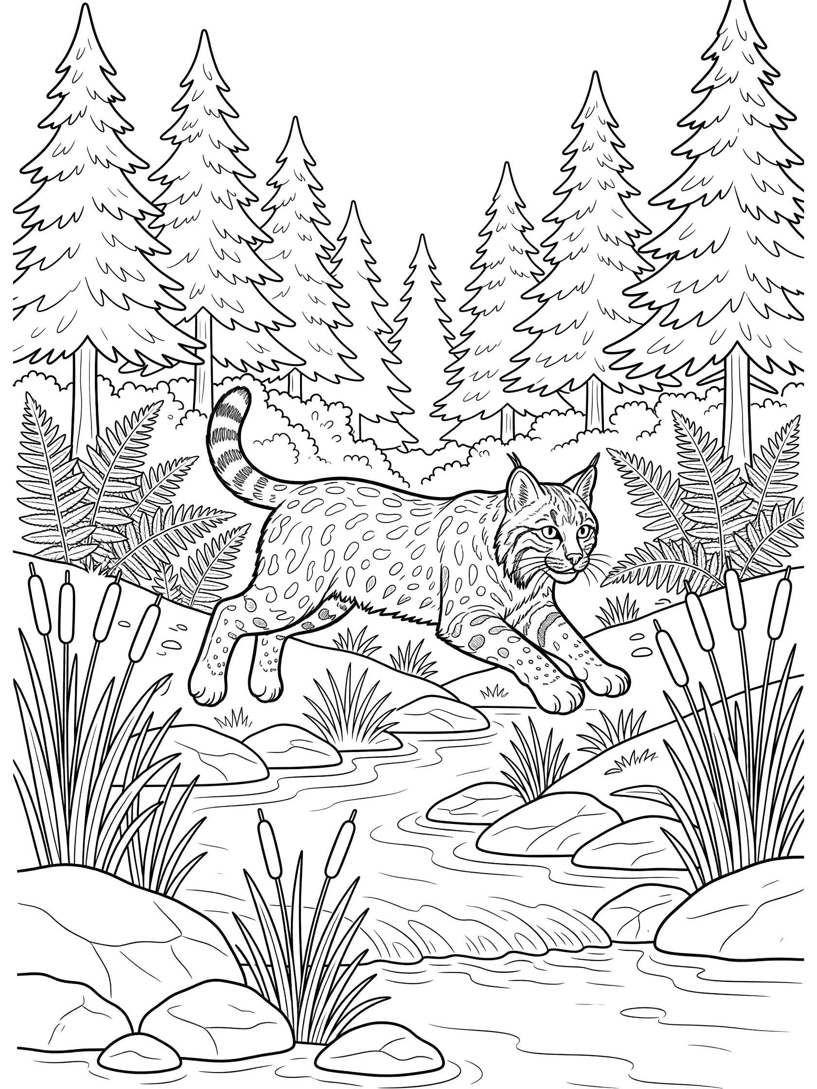 Black and white line art coloring page showing a bobcat mid-leap over a forest stream with rocks, reeds, pine trees, and ferns in the background