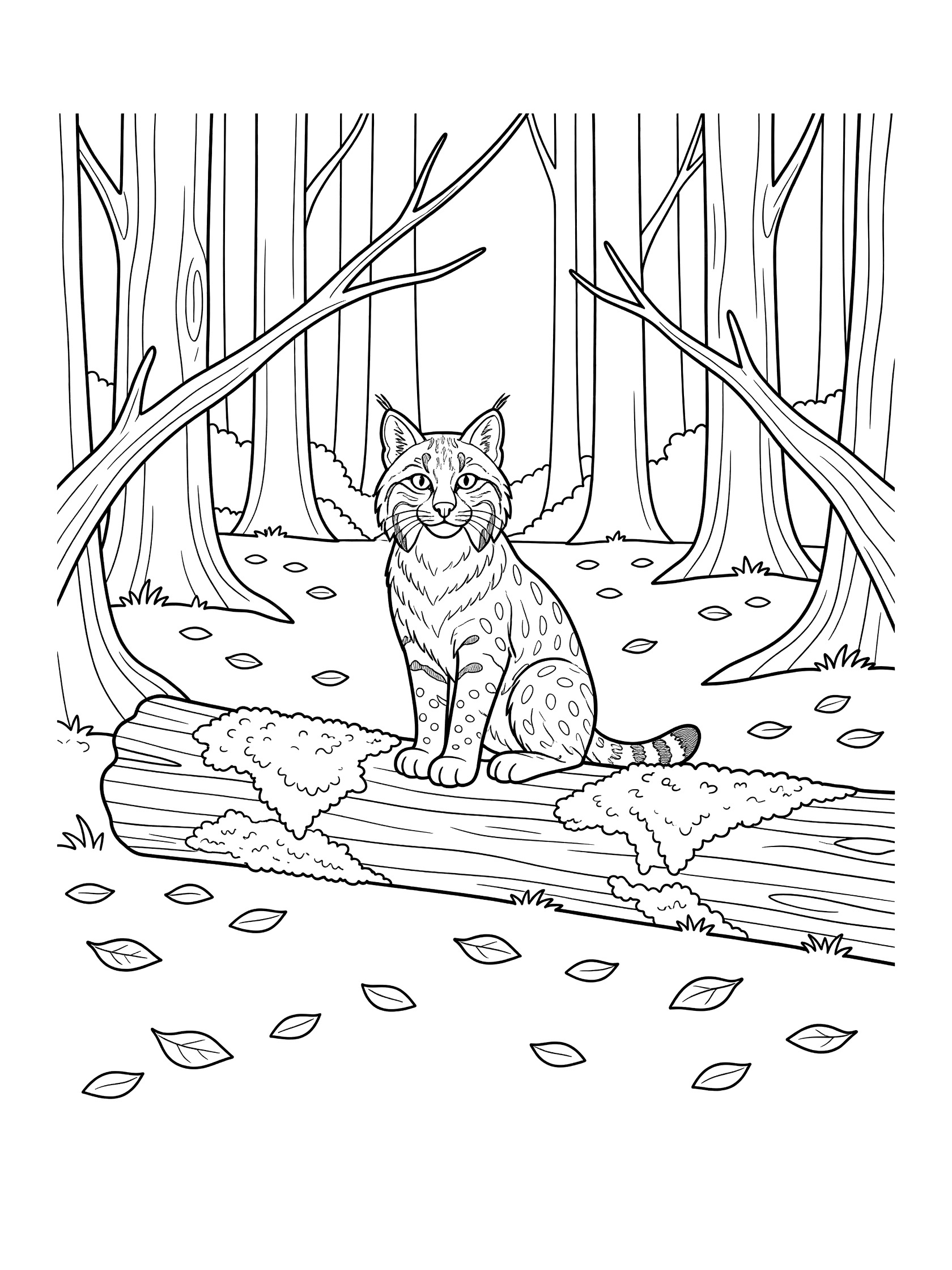 Black and white line art of a bobcat sitting on a mossy log surrounded by tall trees and scattered leaves in a forest clearing, coloring book style.