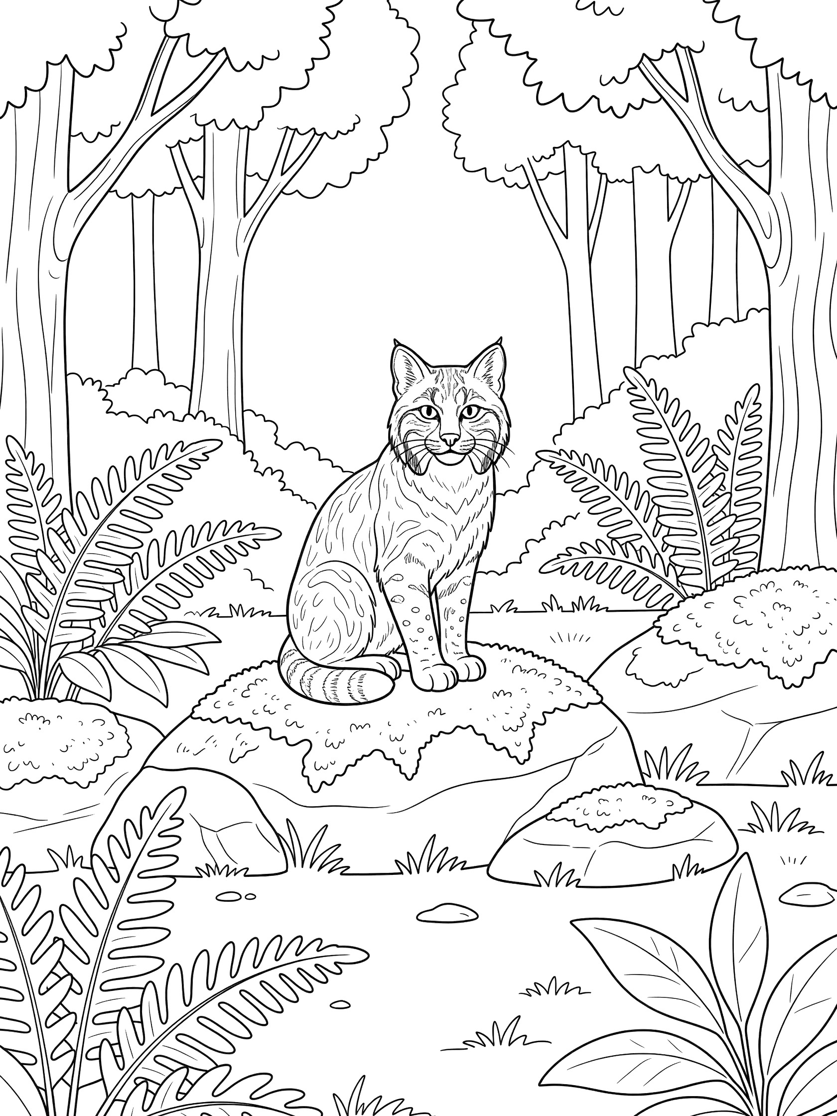 Black and white line art coloring page showing a bobcat with perked ears and curled tail sitting on a textured rock surrounded by simple trees and ferns in a forest clearing.
