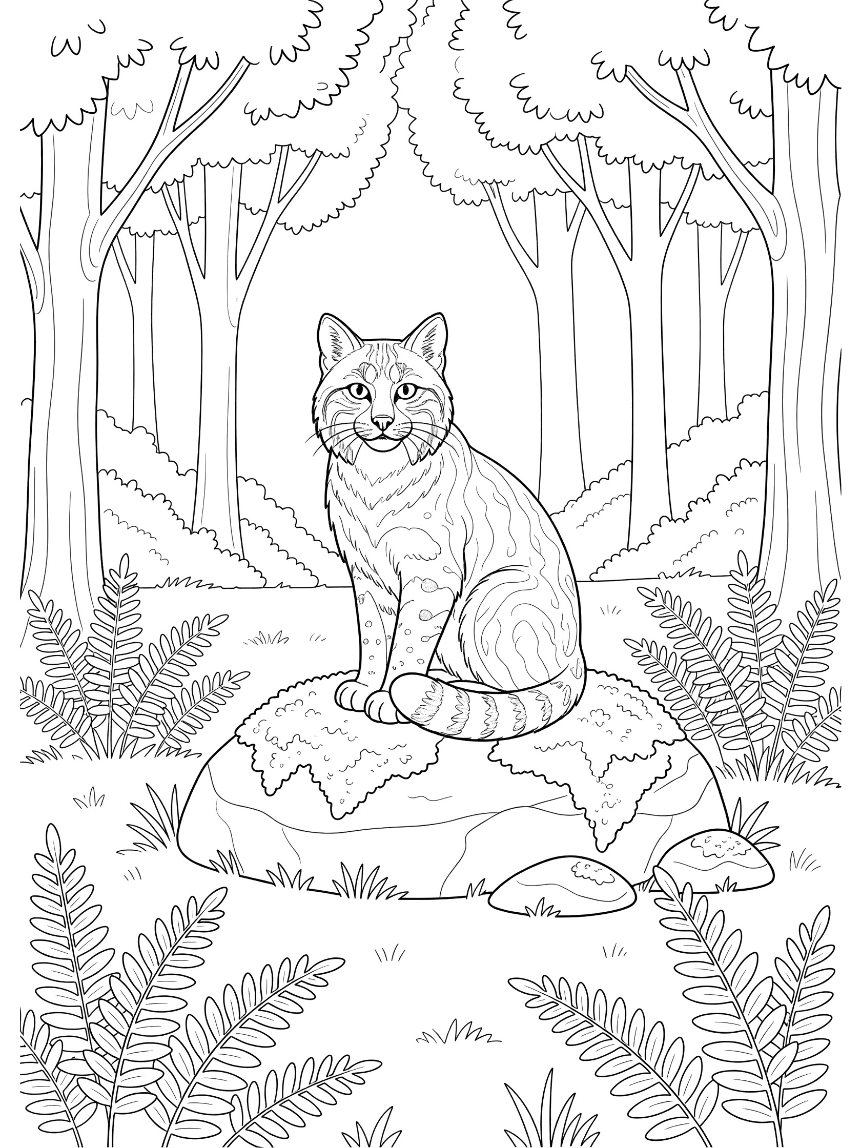 Black and white line art coloring page showing a bobcat with perked ears and curled tail sitting on a mossy rock surrounded by simple trees and ferns in a forest clearing.