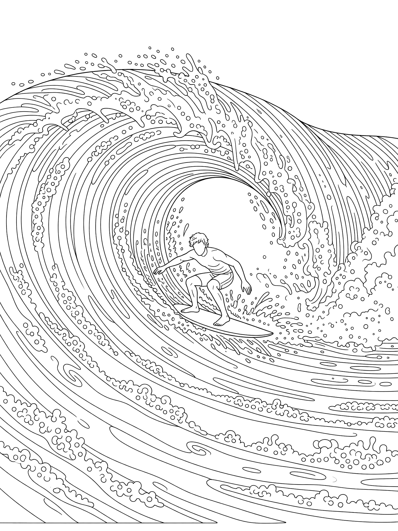 Line art coloring page showing a bodyboarder slicing through the lip of a tubular barrel wave with splashing water and foam.