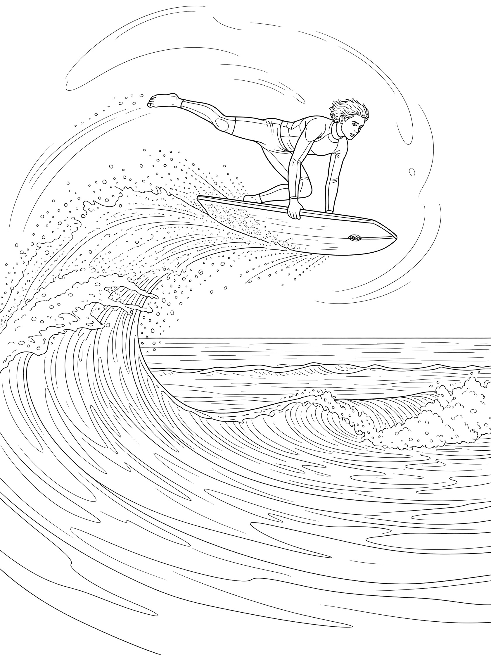 Bodyboarding coloring page showing a rider launching into an aerial jump on a bodyboard off the curling wave lip with water spray and kicking legs.