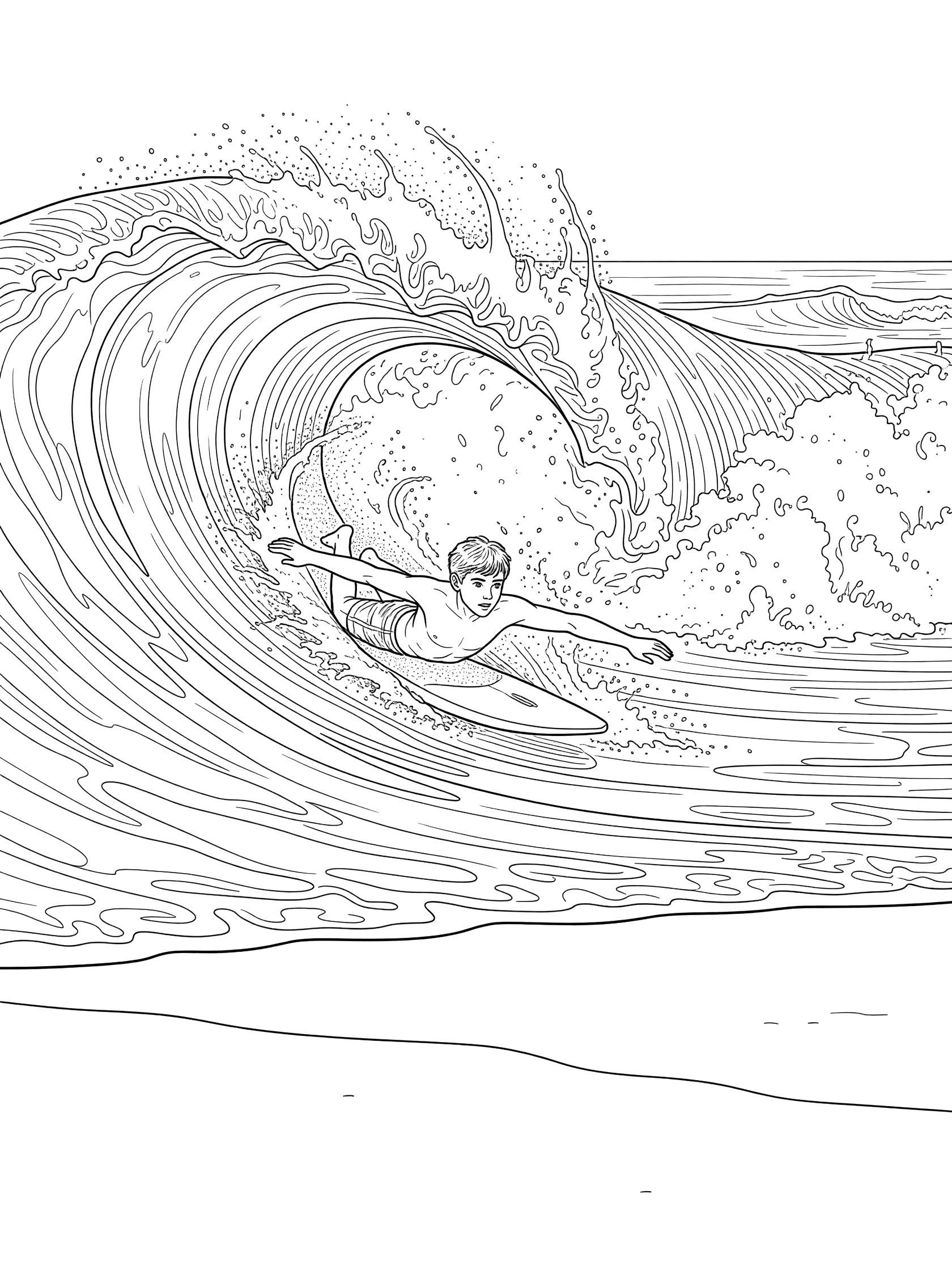 Line art coloring page showing a prone bodyboarder with arms extended riding down a steep curling wave face surrounded by splashing foam on a beach.