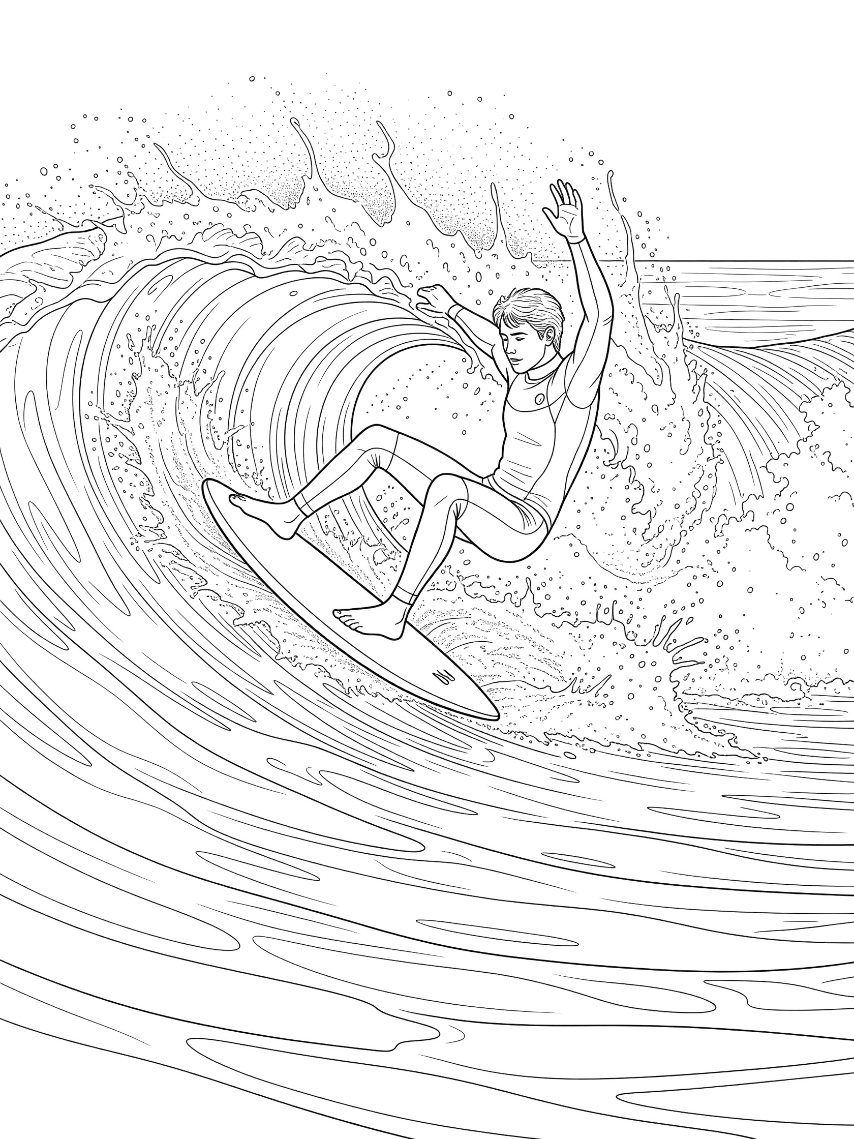 Black-and-white coloring page of a bodyboarder twisting sideways in an elbow spin on a crashing ocean wave, gripping the board rail with one hand raised high and dynamic water spray.