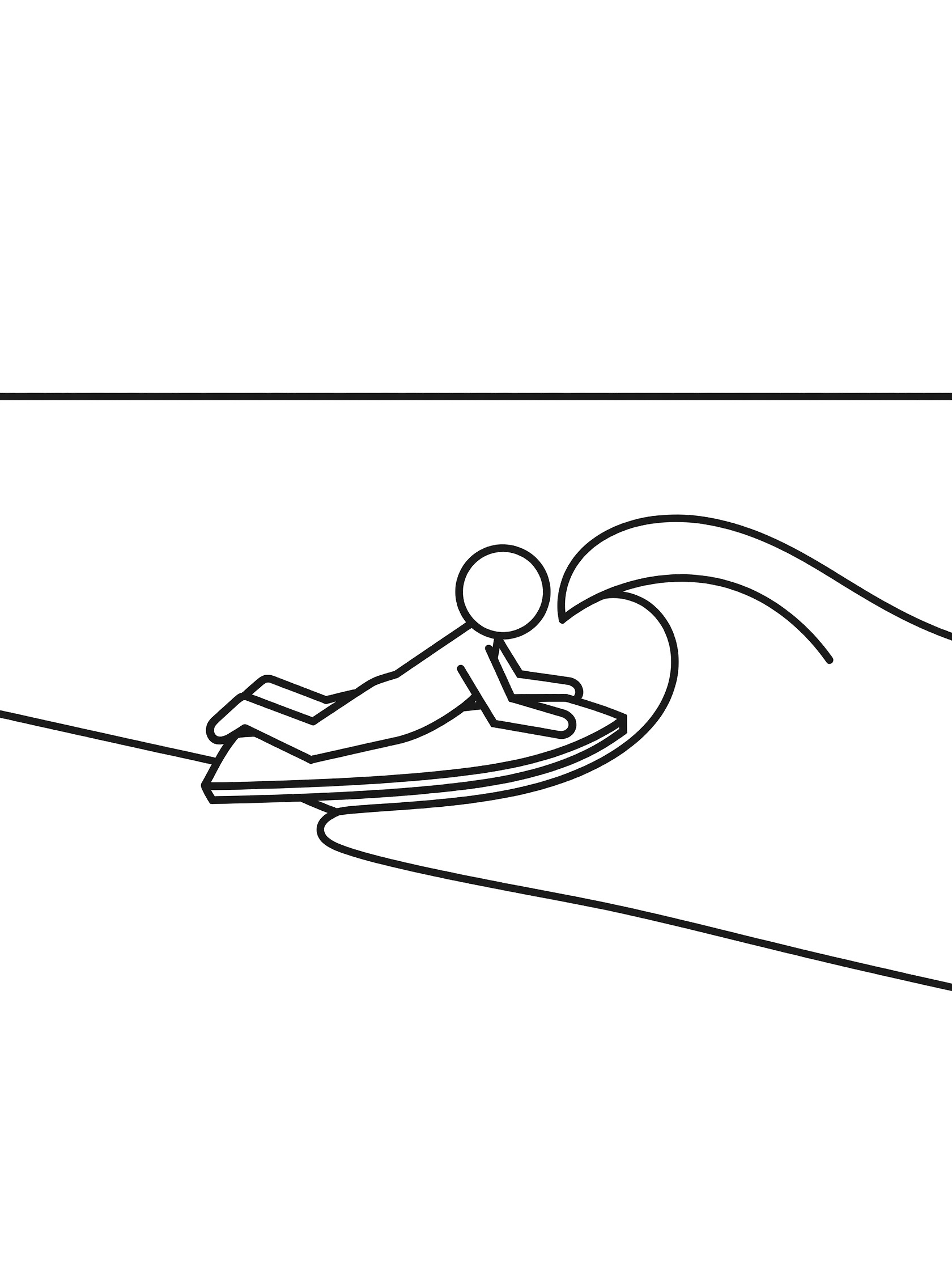 Line art coloring page of a stick figure bodyboarding on a small rolling wave near the beach shore with paddling arms and simple sand outlines
