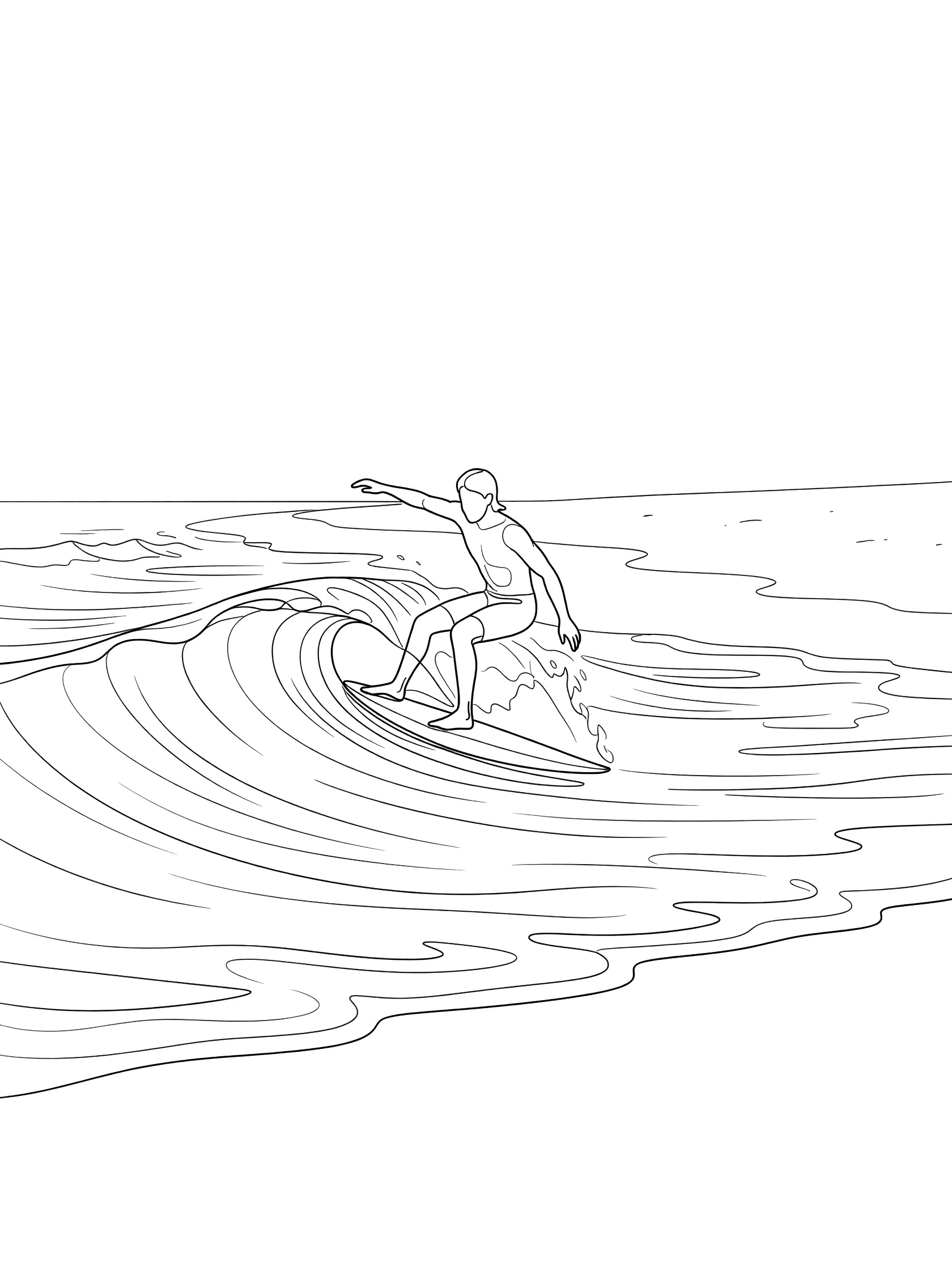 Line art coloring page showing a bodysurfer making a sharp turn on a small wave, arm in water, with gentle beach waves nearby
